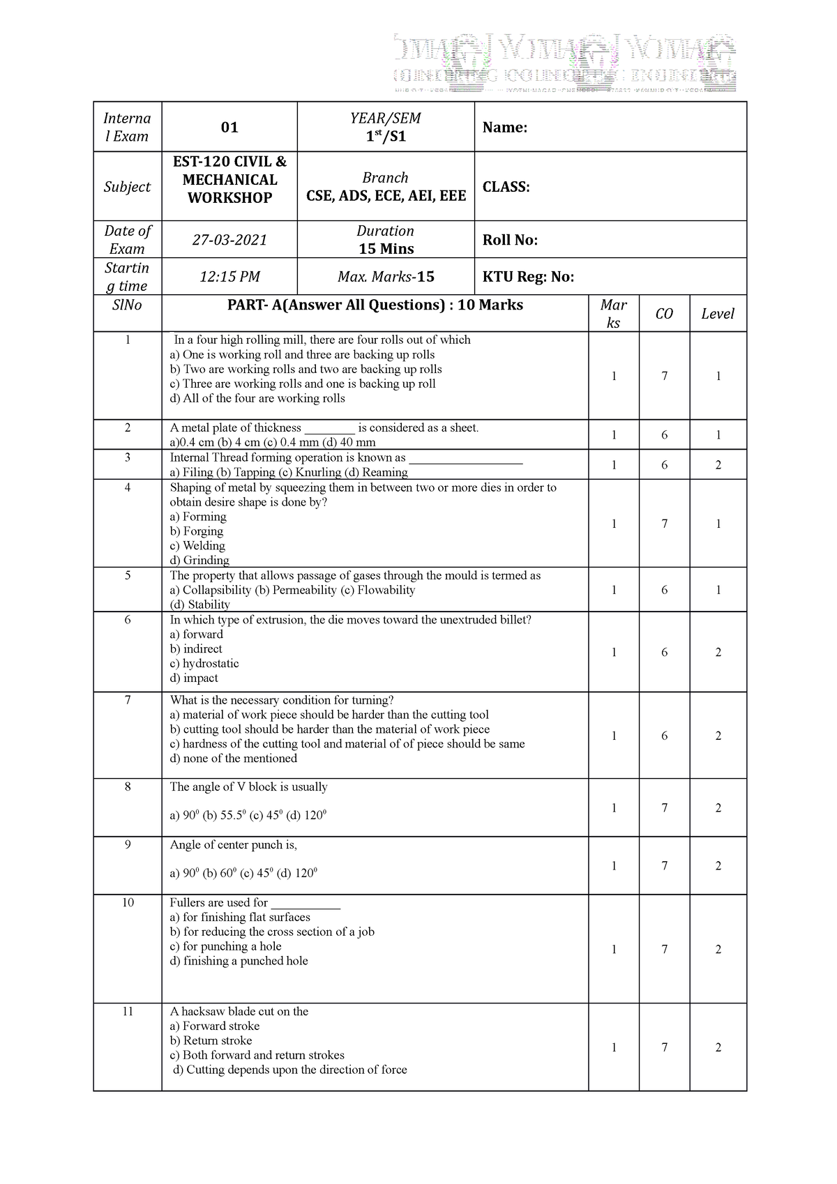 QP-ESL-120- Mechanical Workshop-S1 Batch-2020 -cse-ads - Interna l Exam ...