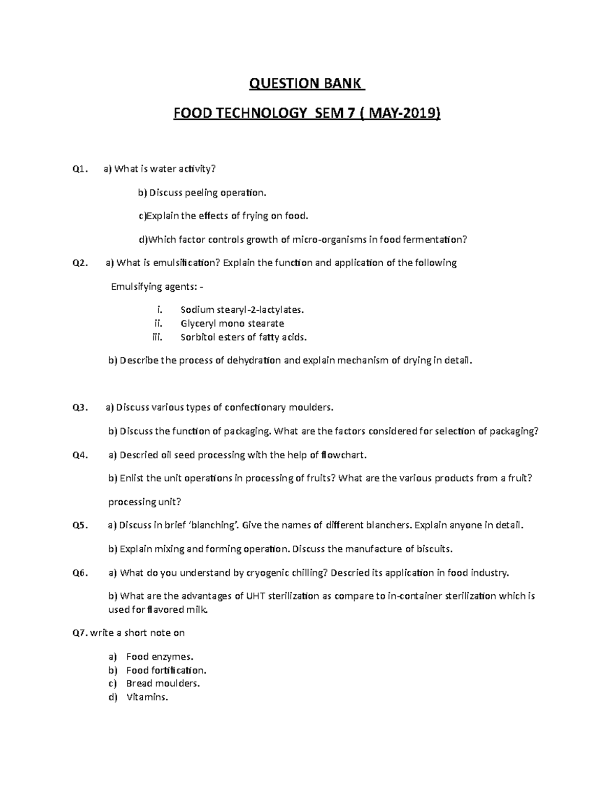 sample question bank - QUESTION BANK FOOD TECHNOLOGY SEM 7 ( MAY-2019 ...