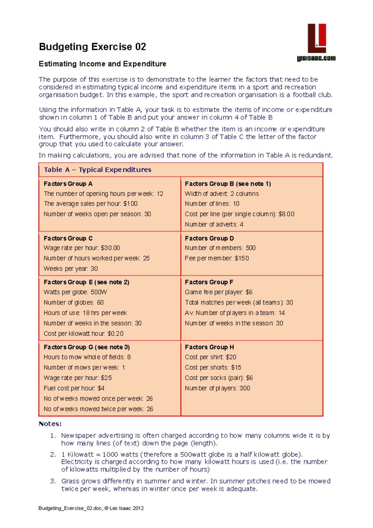 Budgeting Exercise 01 - Budgeting_Exercise_02, © Leo Isaac 2012 ...