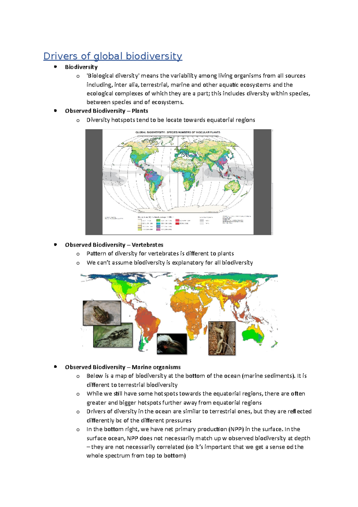 Biodiversity and ecosystem functionn - Drivers of global biodiversity ...