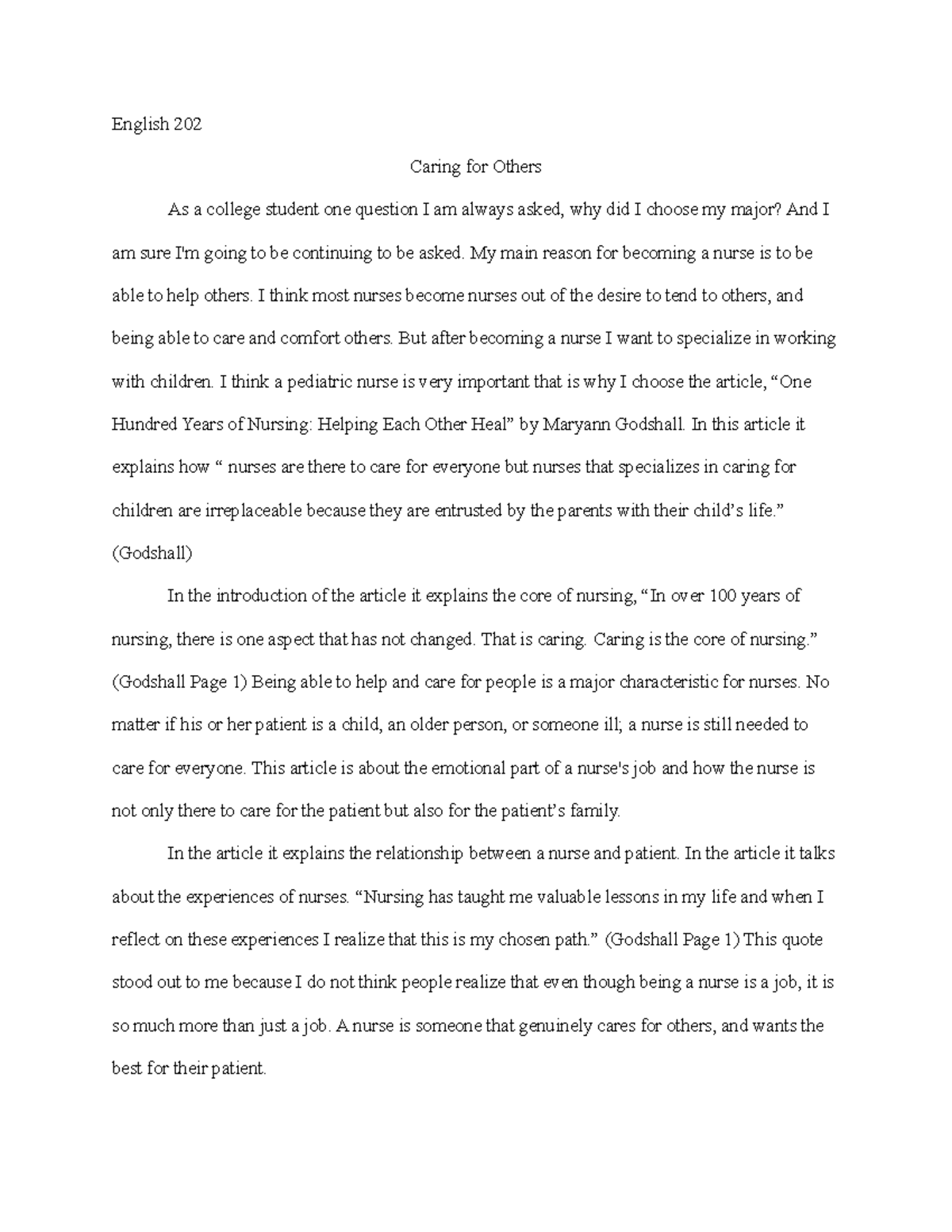 Essay Three Final English 202 Caring For Others As A College 