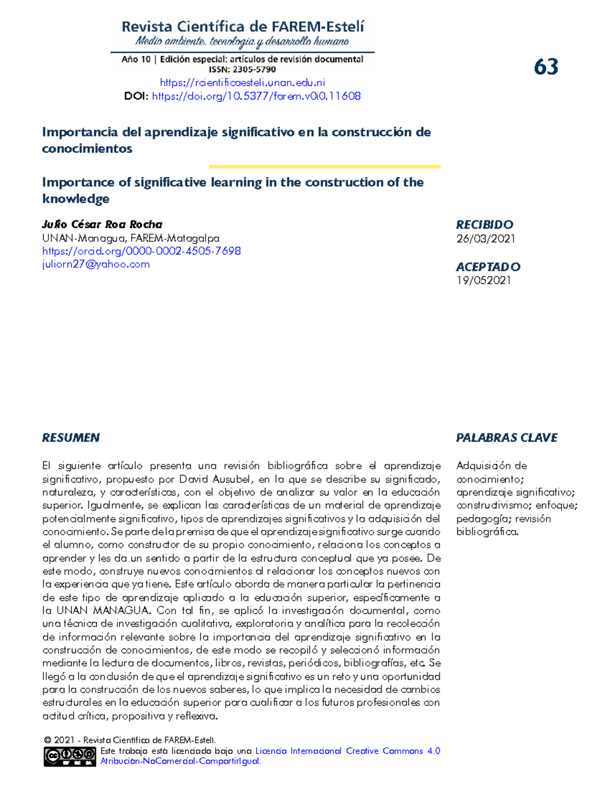 Dialnet Importancia Del Aprendizaje Significativo En La Construc 8845397 63 © 2021 Revista 7301