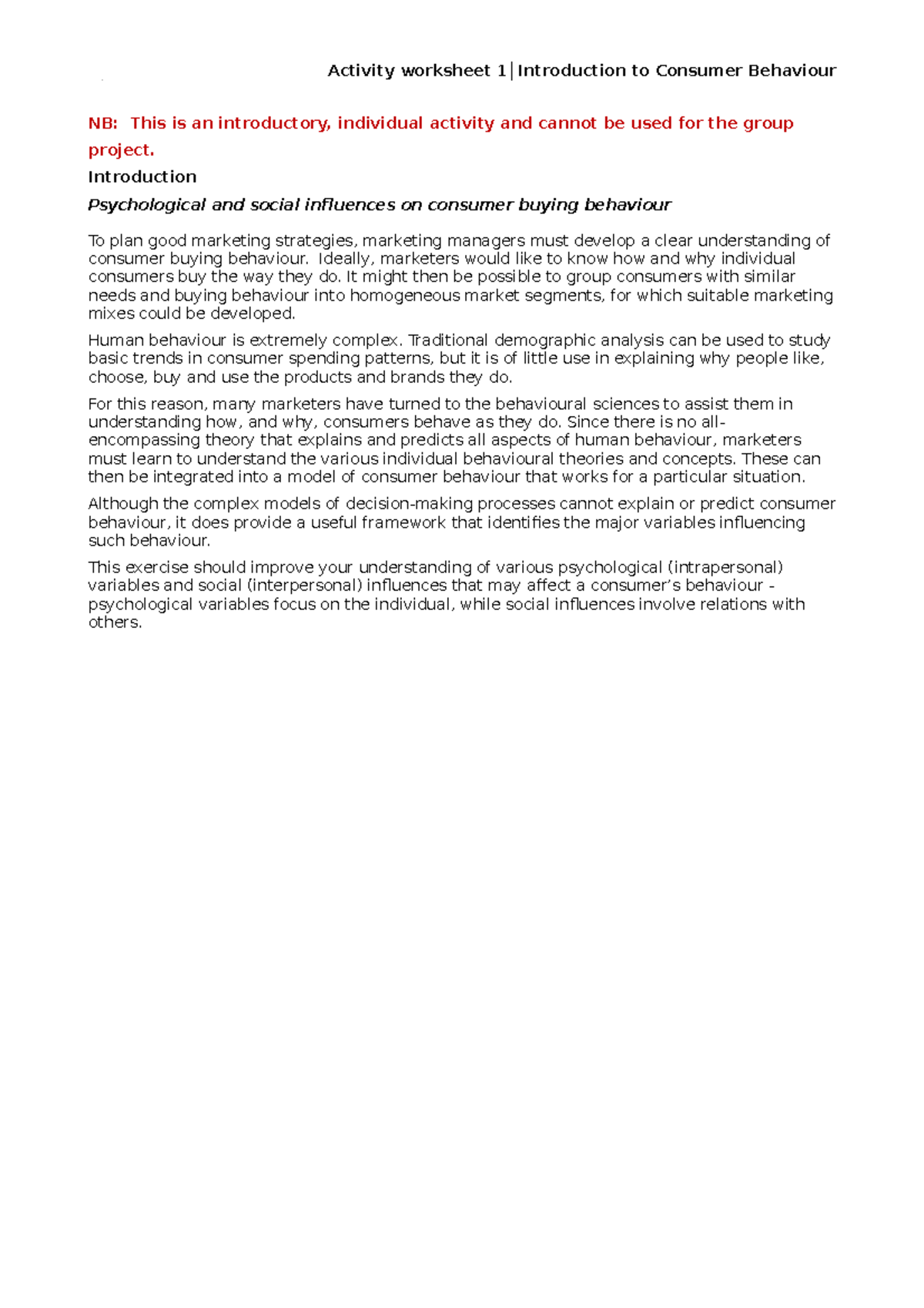 1 Introduction to Consumer Behaviour v2 - Activity worksheet 1 ...