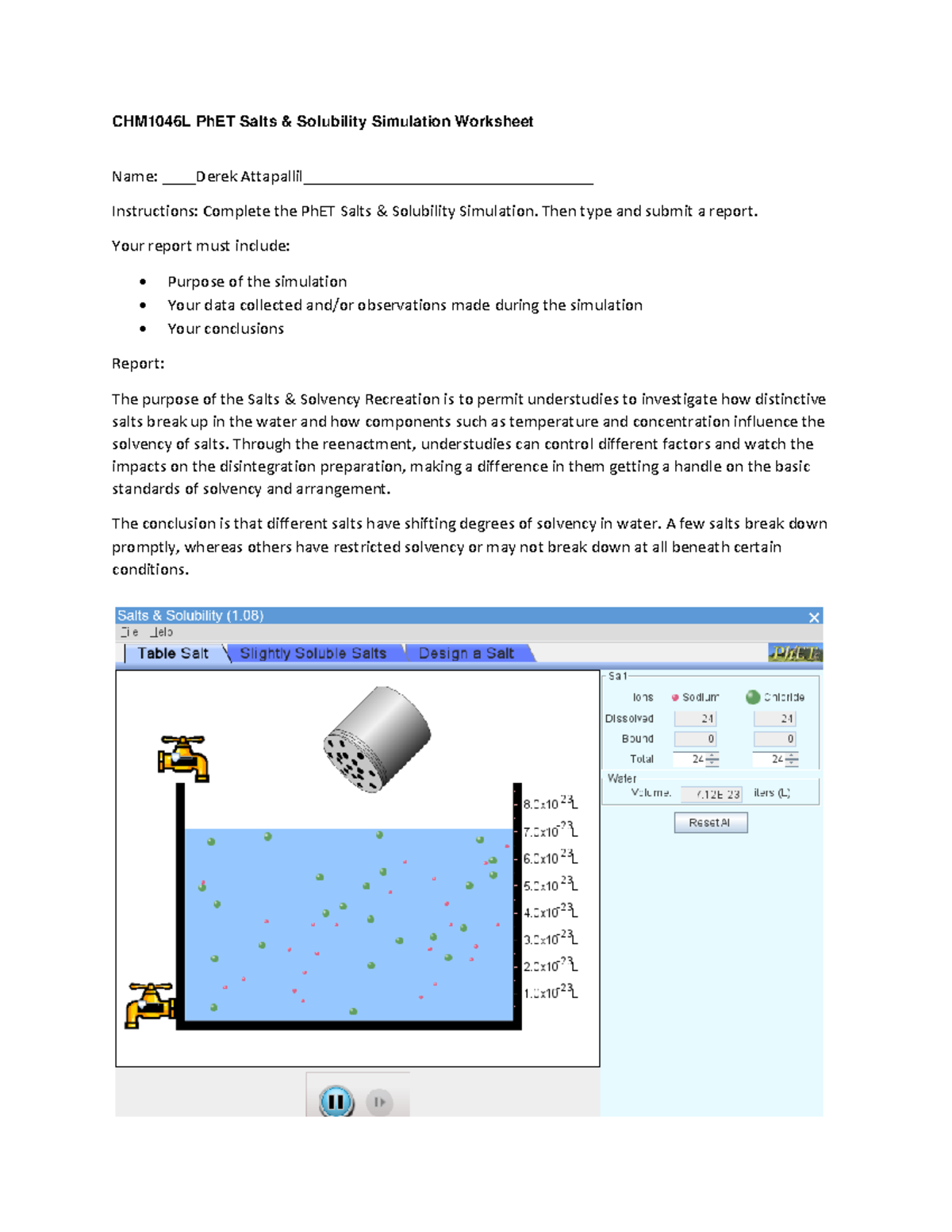 Ph ET Salts and Solubility Simulation Worksheet CHM1046L PhET Salts