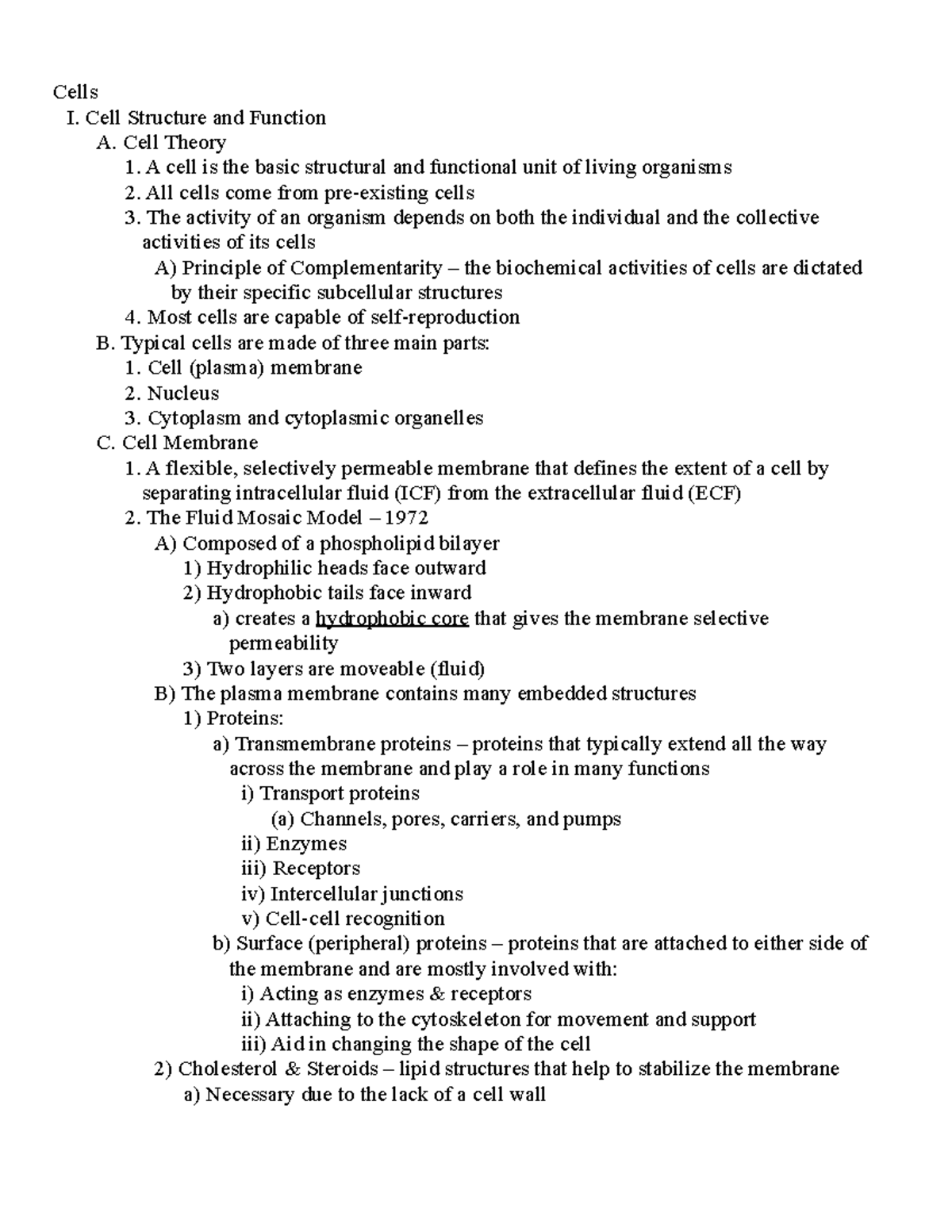 Anatomy and Physiology Notes Pt 4 - Cells I. Cell Structure and ...