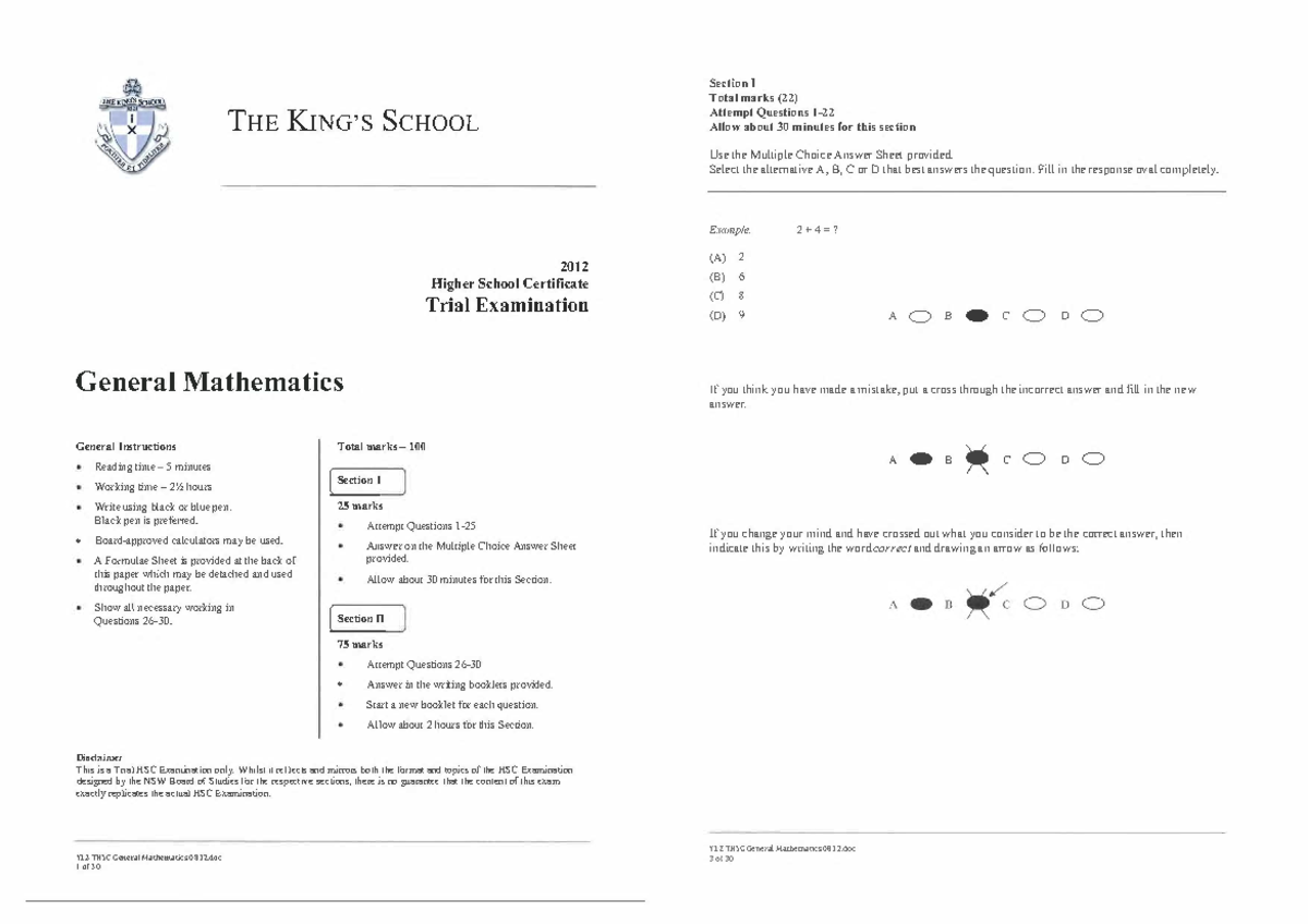 Kings 2012 General Maths Trials & Solutions THE KING'S SCHOOL 2012