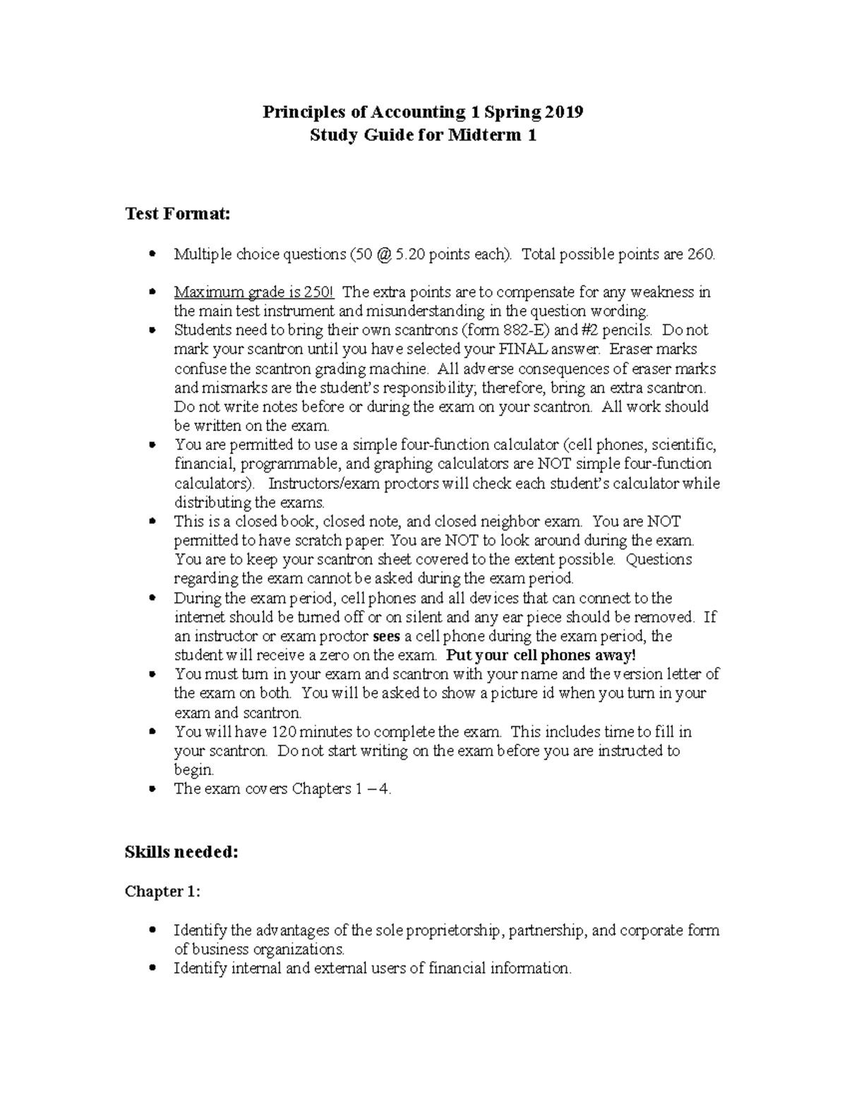 Study Guide Midterm 1 Spring 2019 - Principles of Accounting 1 Spring ...