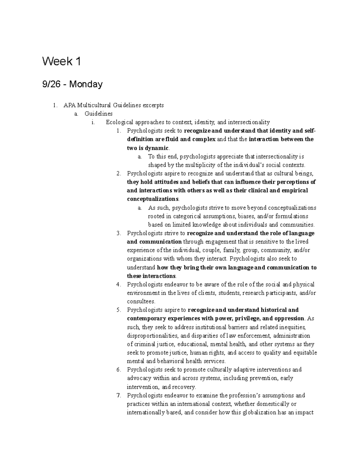 PSY 279 outside notes - Week 1 9/26 - Monday APA Multicultural ...
