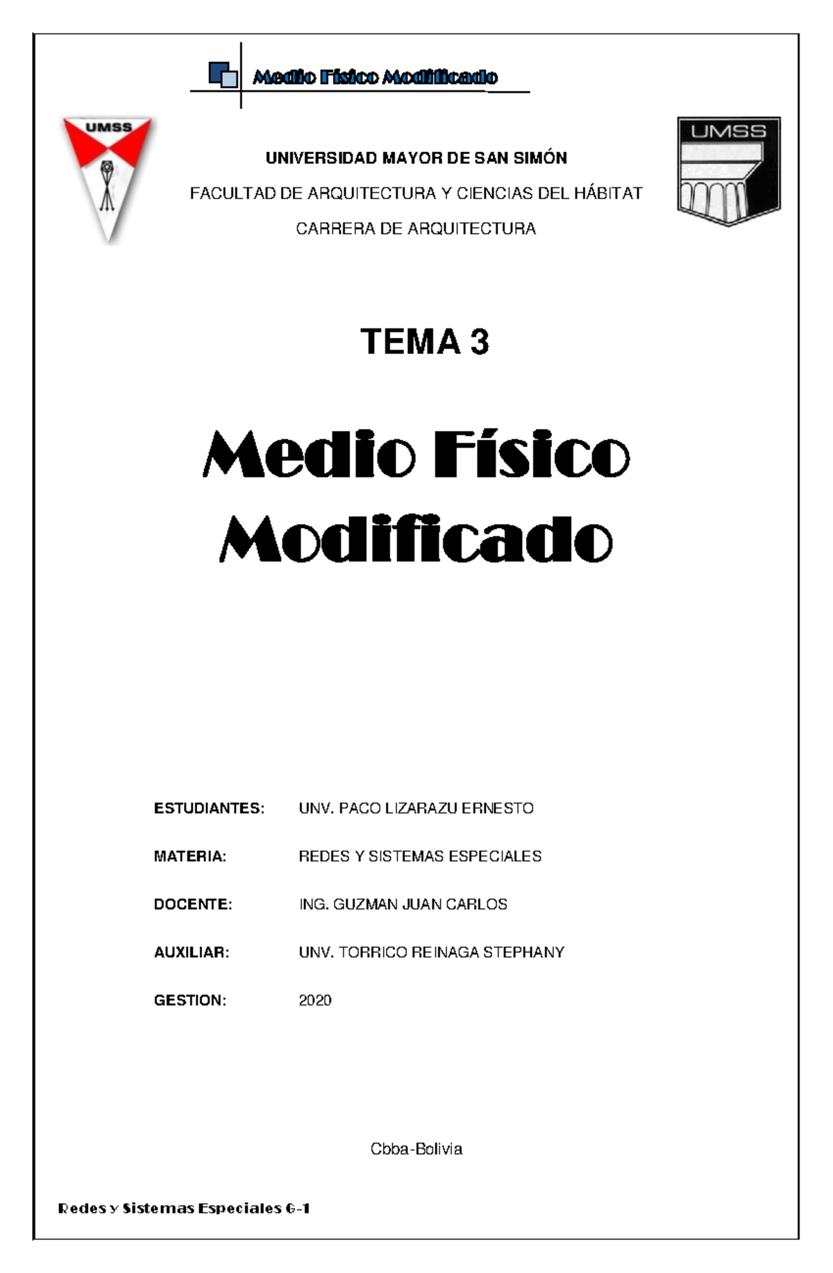 T-3 Medio Fisico Modificado - UNIVERSIDAD MAYOR DE SAN SIMÓN FACULTAD ...
