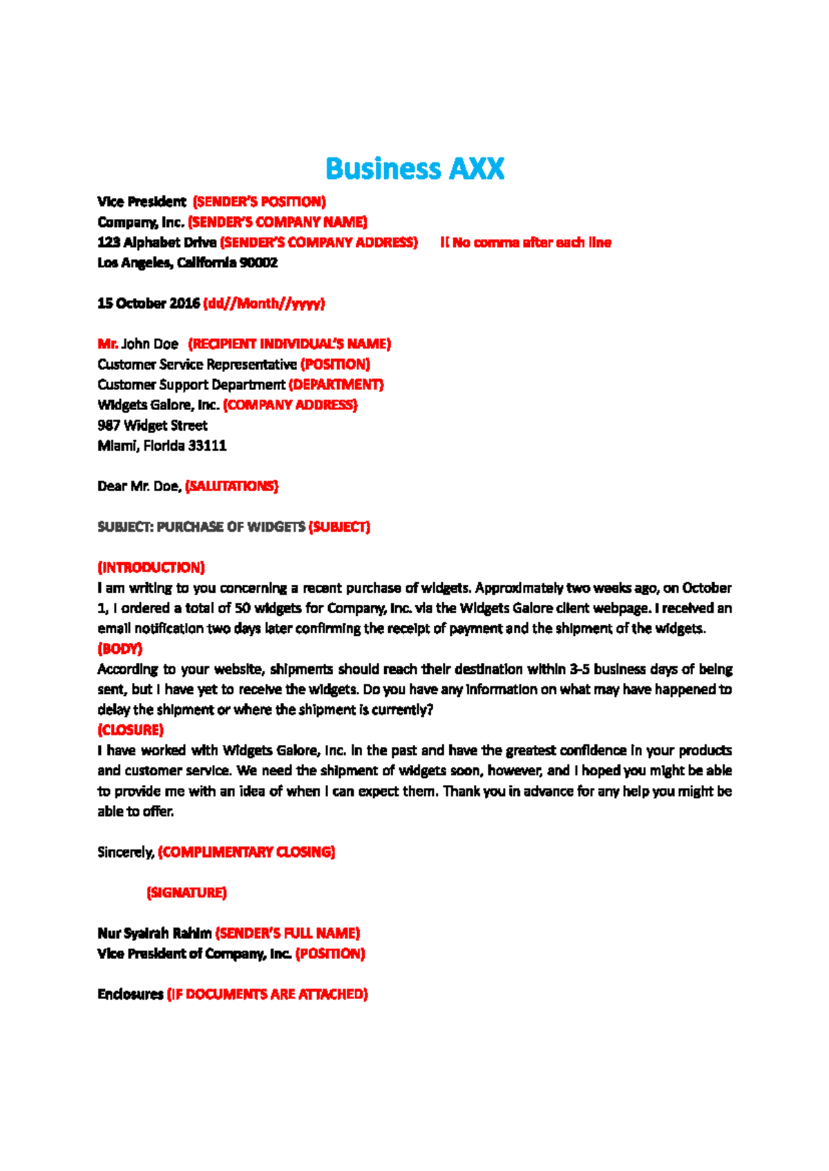 BUSINESS LETTER - Business AXX Vice President POSITION) Company, Inc ...