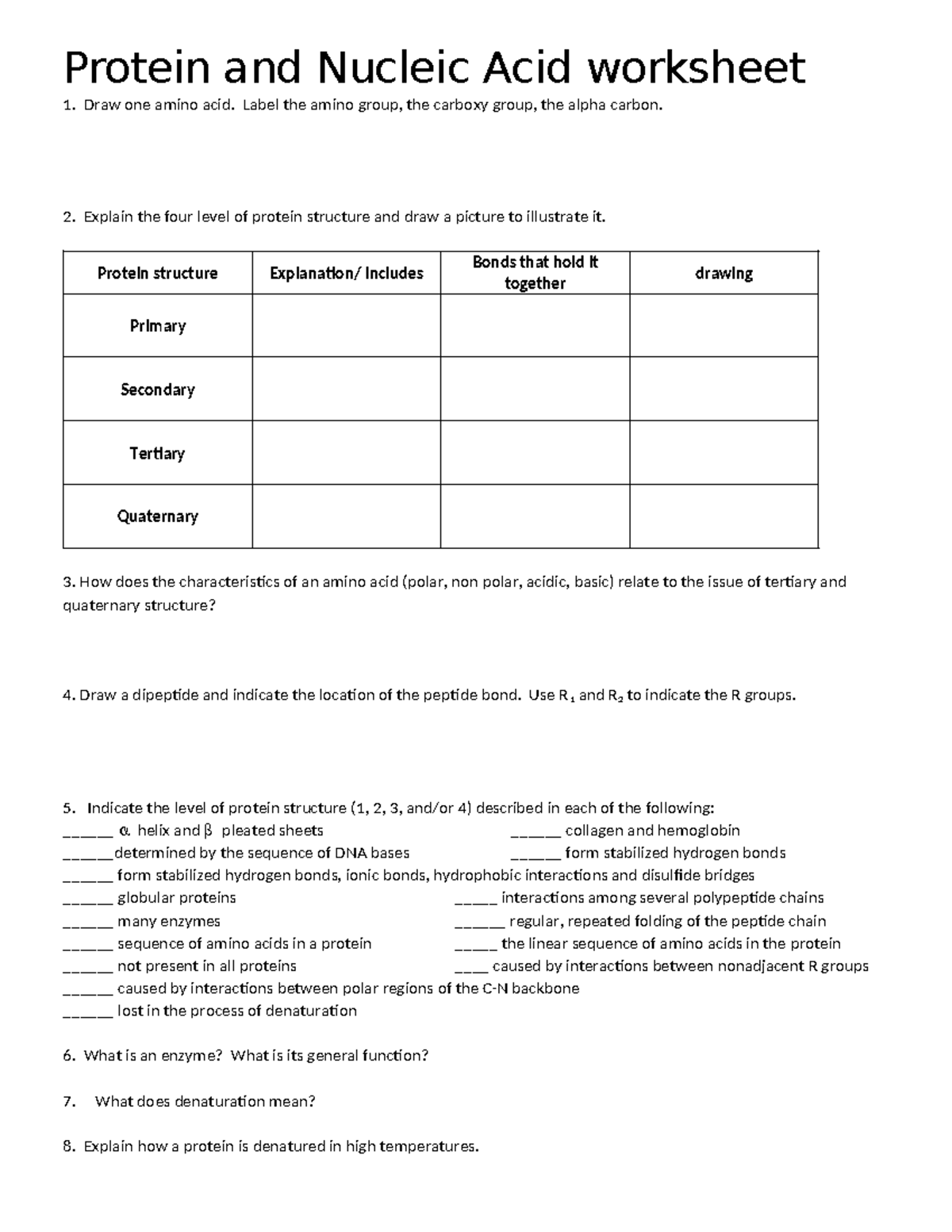 Protein and Nucleic Acid worksheet - Label the amino group, the carboxy ...