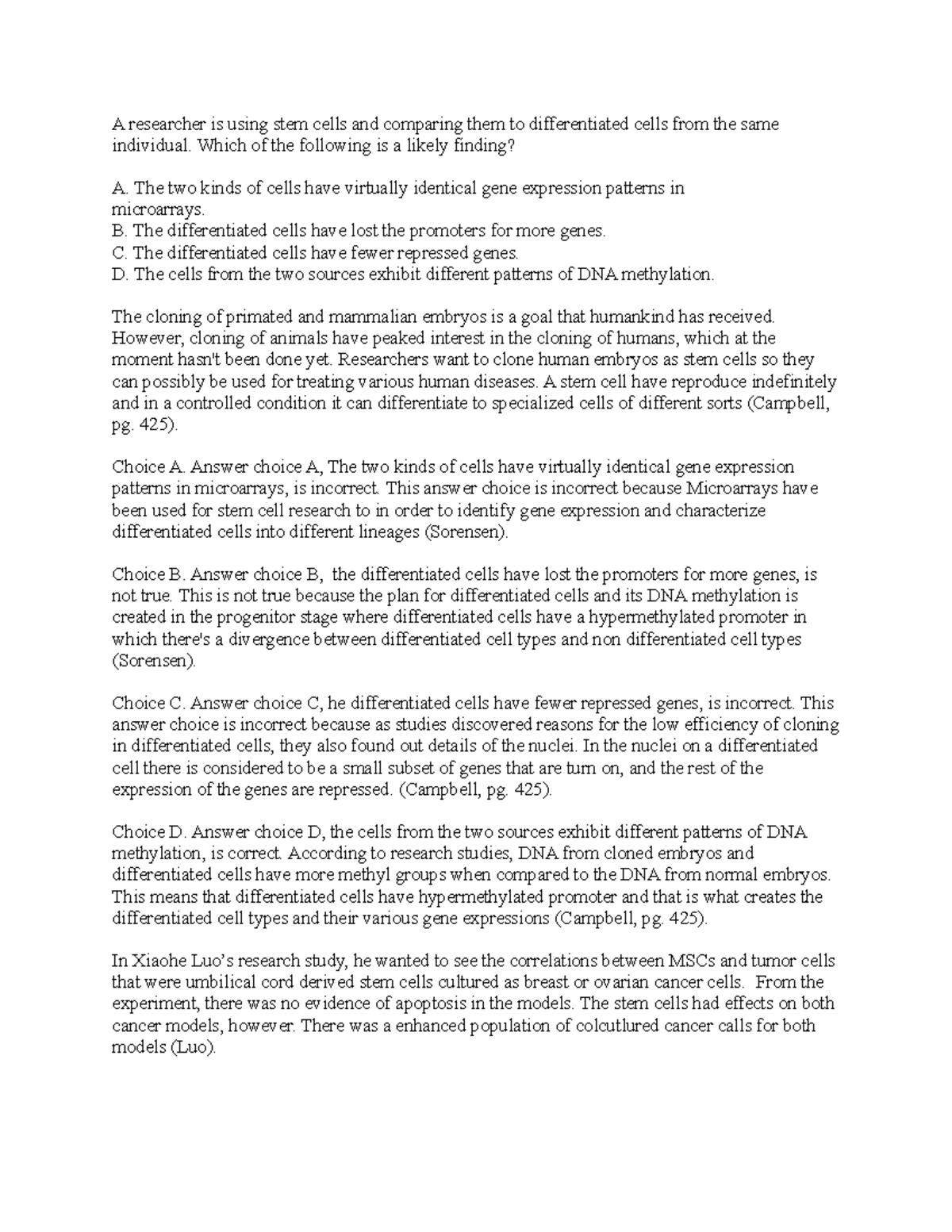 Bio 202 Hq One Of The Hw Assignment A Researcher Is Using Stem