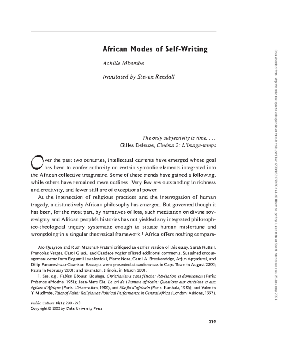 African Modes of Self-Writing - African Modes of Self-Writing Achille ...