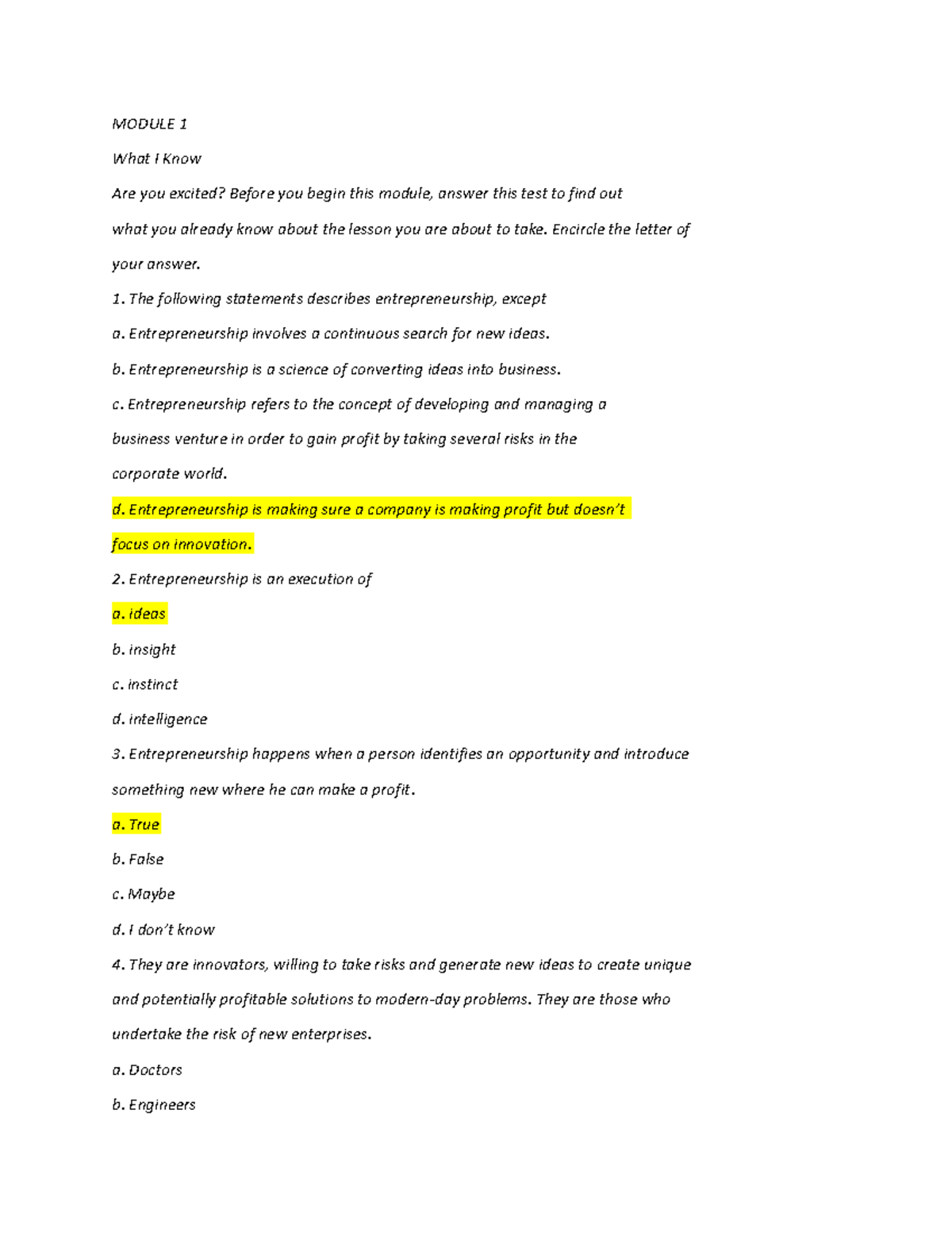 Entrep Reviewer - MODULE 1 What I Know Are you excited? Before you ...