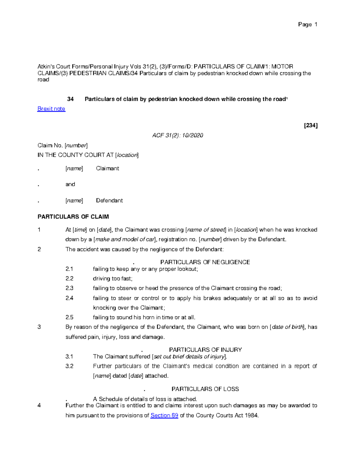 Atkins Form 34 Particulars of claim by pedestrian knocke Page 1 Atkin