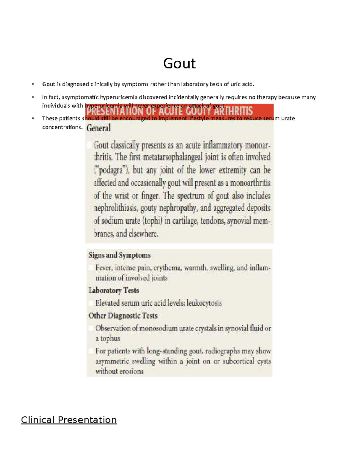 Chapter - 14 Gout - Gout Gout is diagnosed clinically by symptoms ...