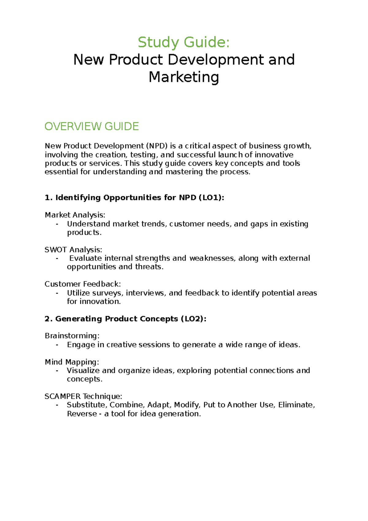 MKTG 3114 Study Guide WKS1-3 - Study Guide: New Product Development and ...
