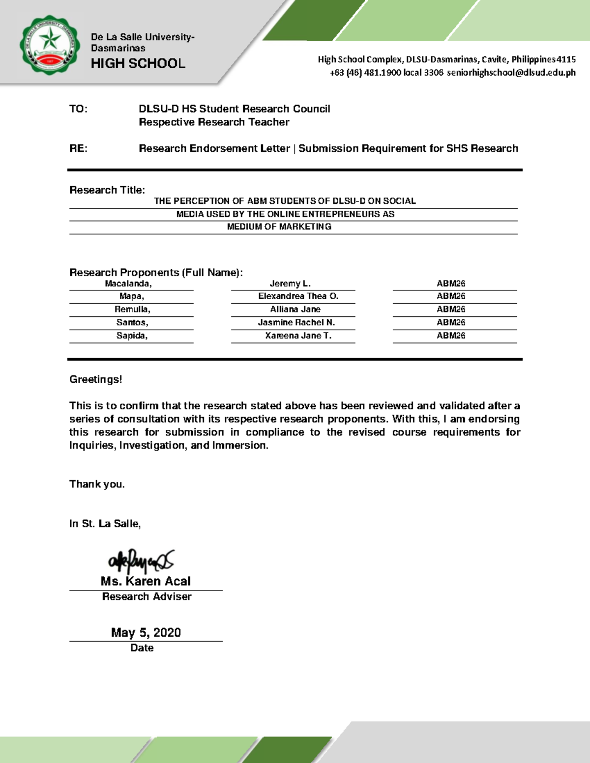 DLSU D SHS Research Endorsement Letter Signed - De La Salle University ...