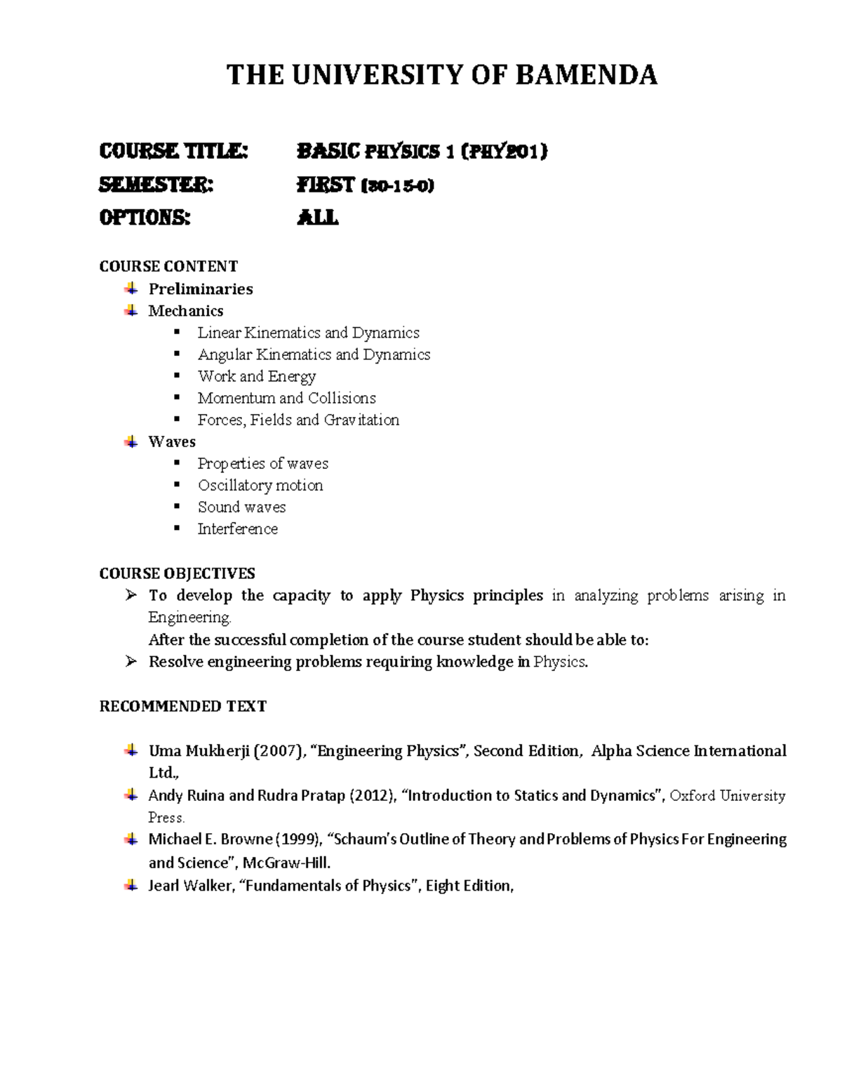 Basic Physics - THE UNIVERSITY OF BAMENDA COURSE TITLE: BASIC PHYSICS 1 ...
