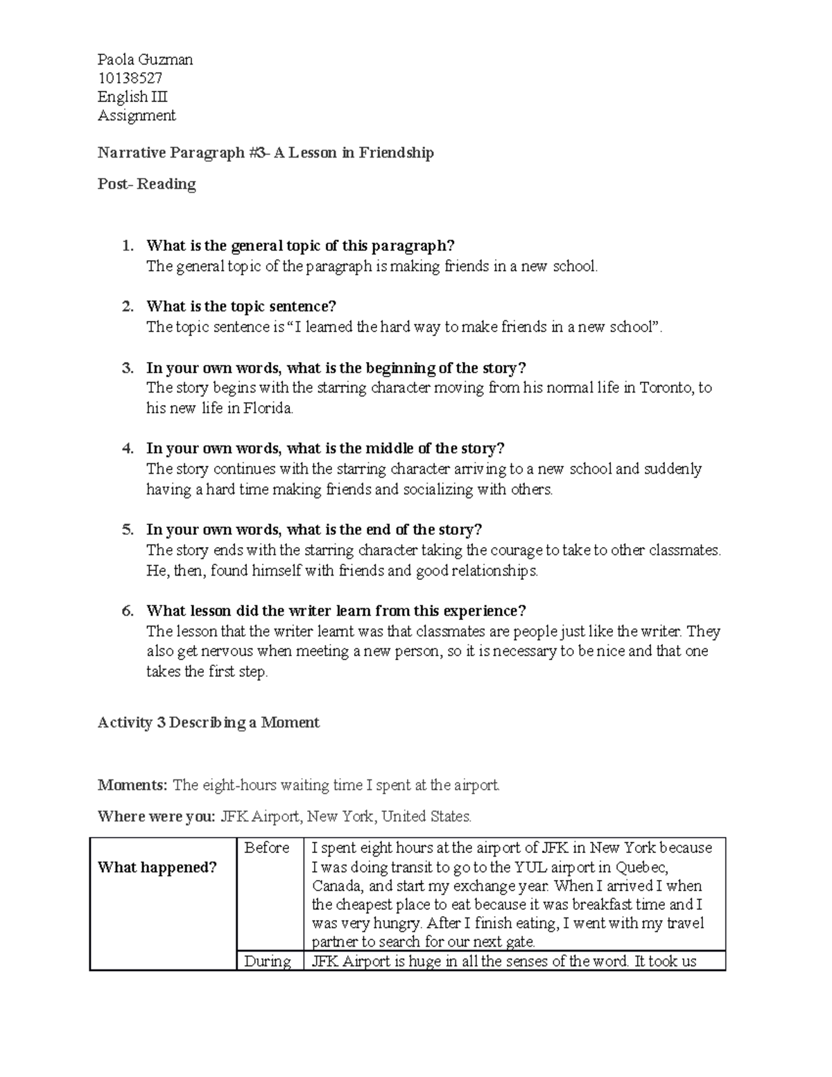 Narrative Paragraph Practice ILE3 - Paola Guzman 10138527 English III ...