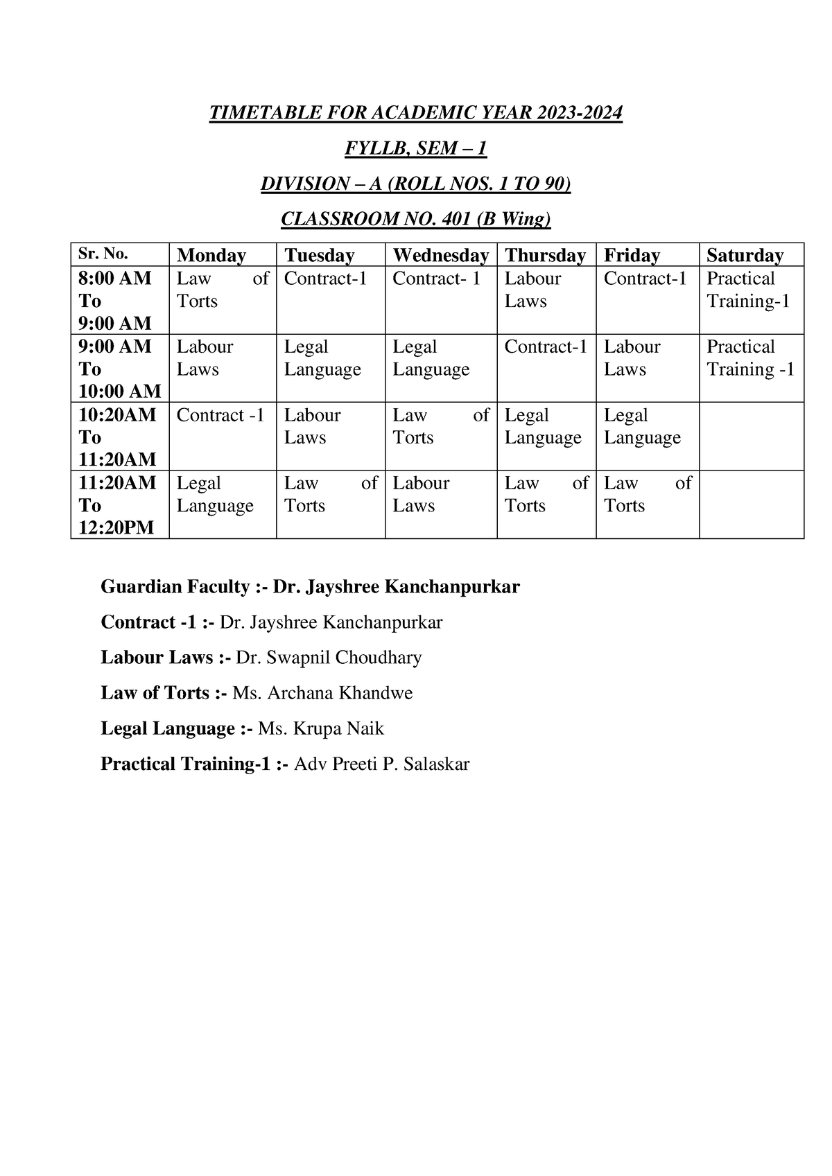 Fyllb SEM 1 Timetable FOR A.Y. 2023 2024 TIMETABLE FOR ACADEMIC