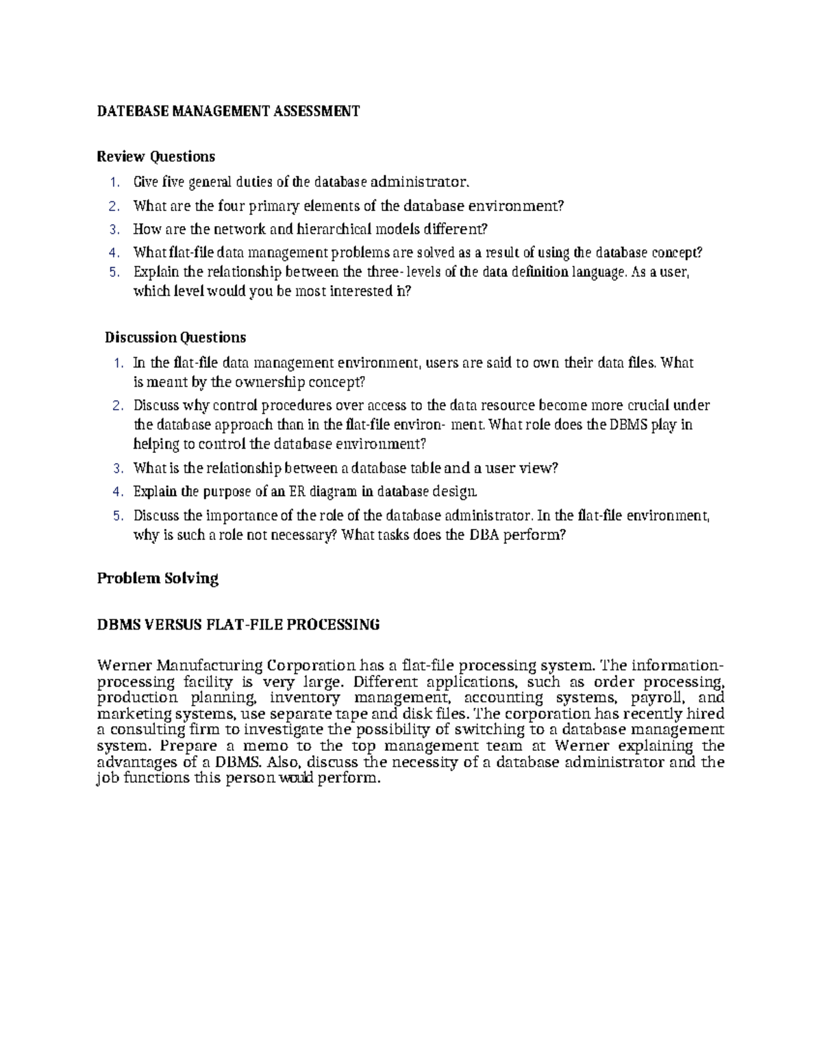 Database Management Assessment - DATEBASE MANAGEMENT ASSESSMENT Review ...