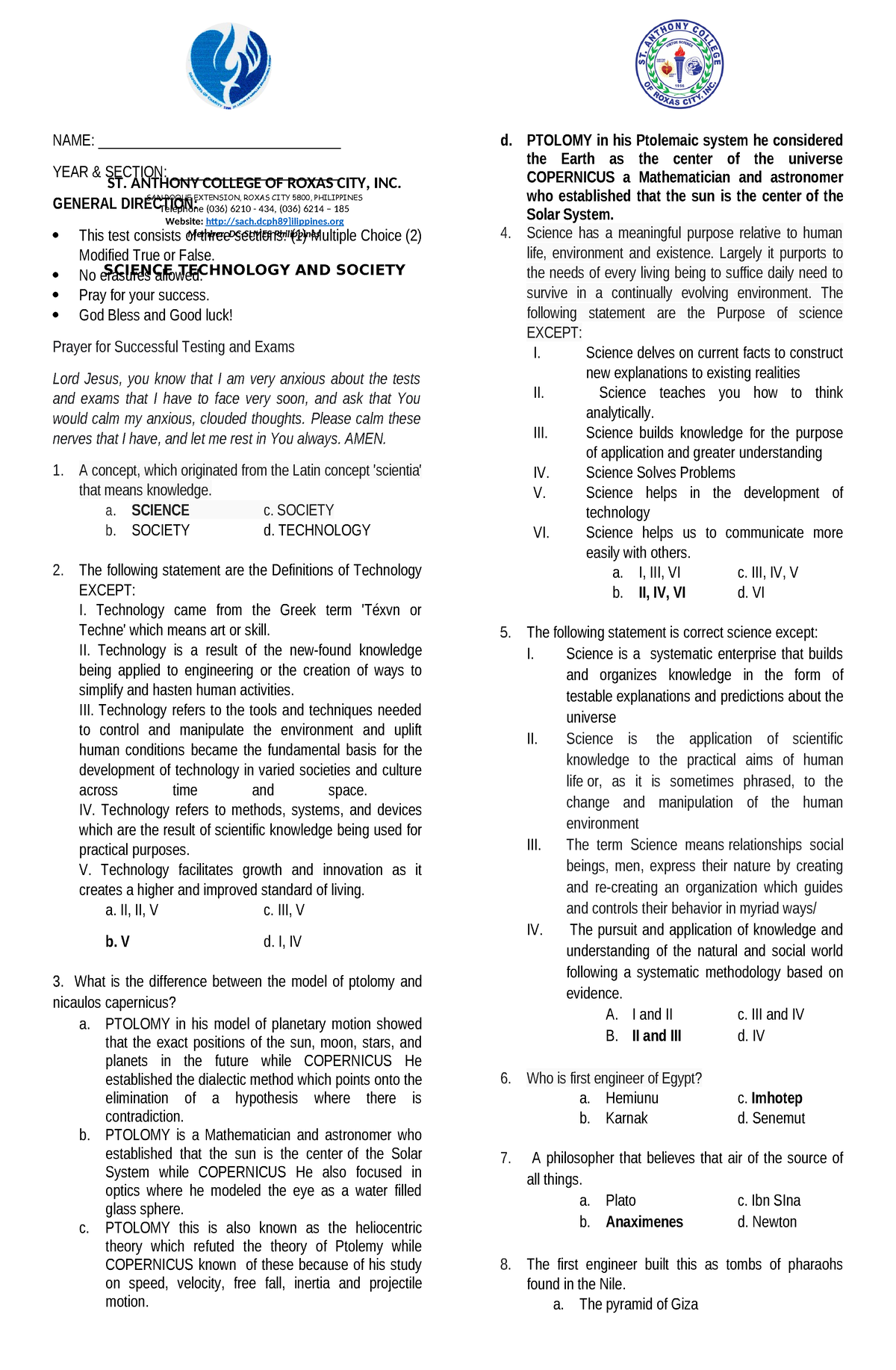 STS Prelims - Quiz/ Exam - ST. ANTHONY COLLEGE OF ROXAS CITY, INC. SAN ...