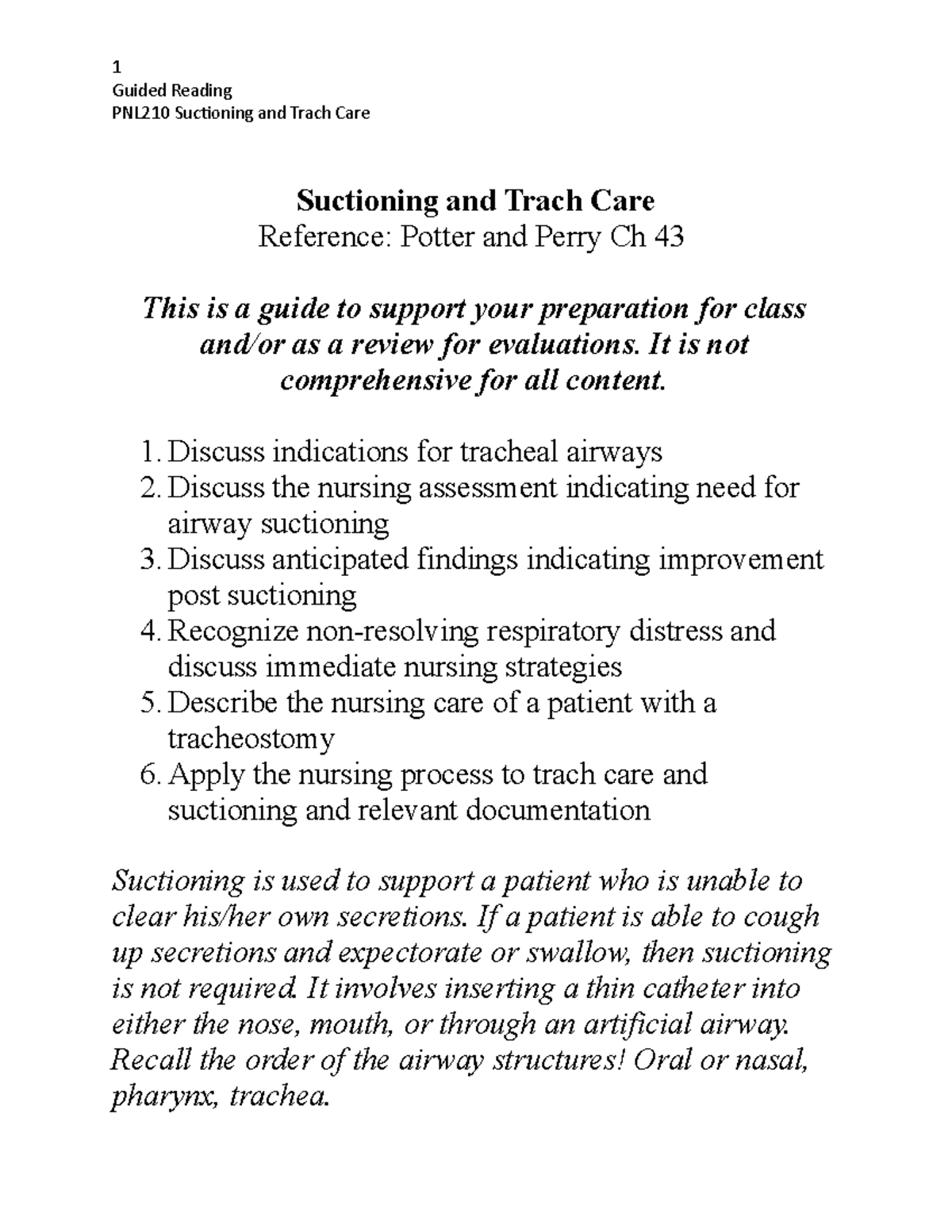 Guided Reading Suctioning Trach Care Guided Reading PNL210 Suctioning