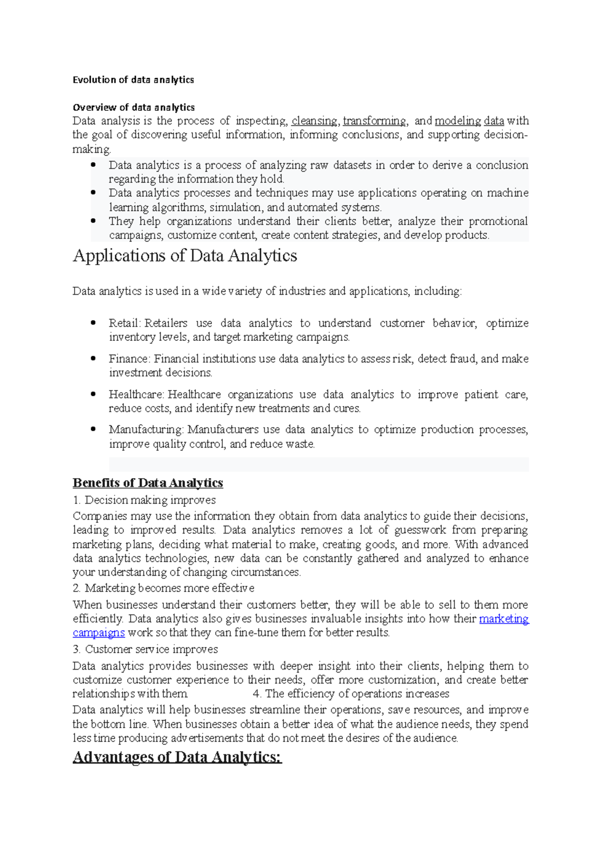 Da - Example notes - Evolution of data analytics Overview of data ...