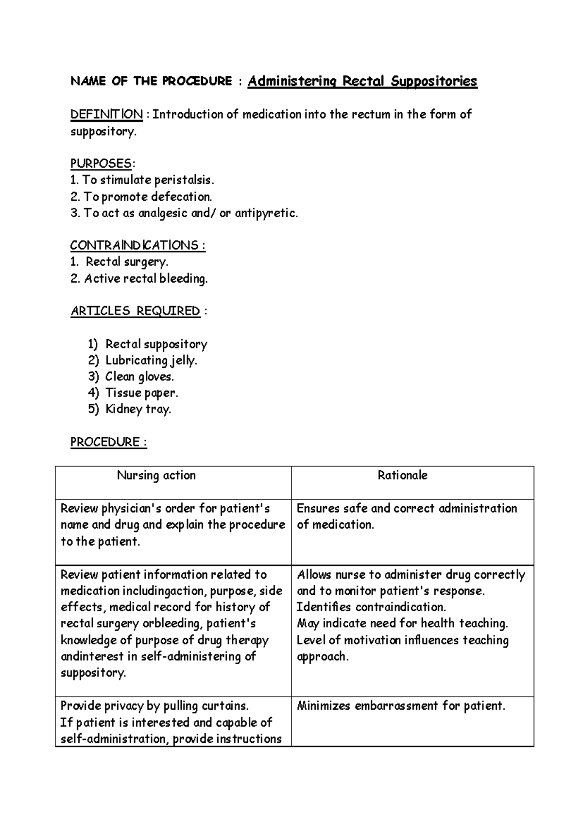 Administering Rectal Suppositories - NAME OF THE PROCEDURE ...