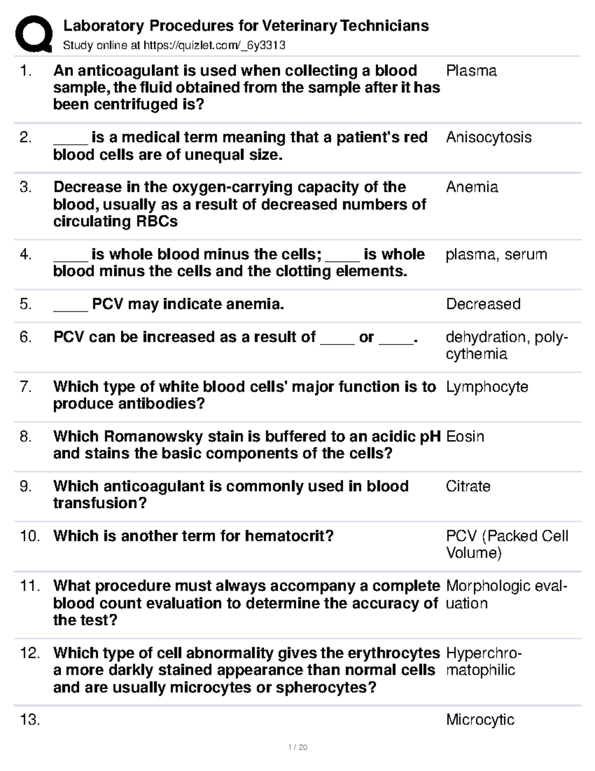 Laboratory Procedures for Veterinary Technicians 2 Study online at