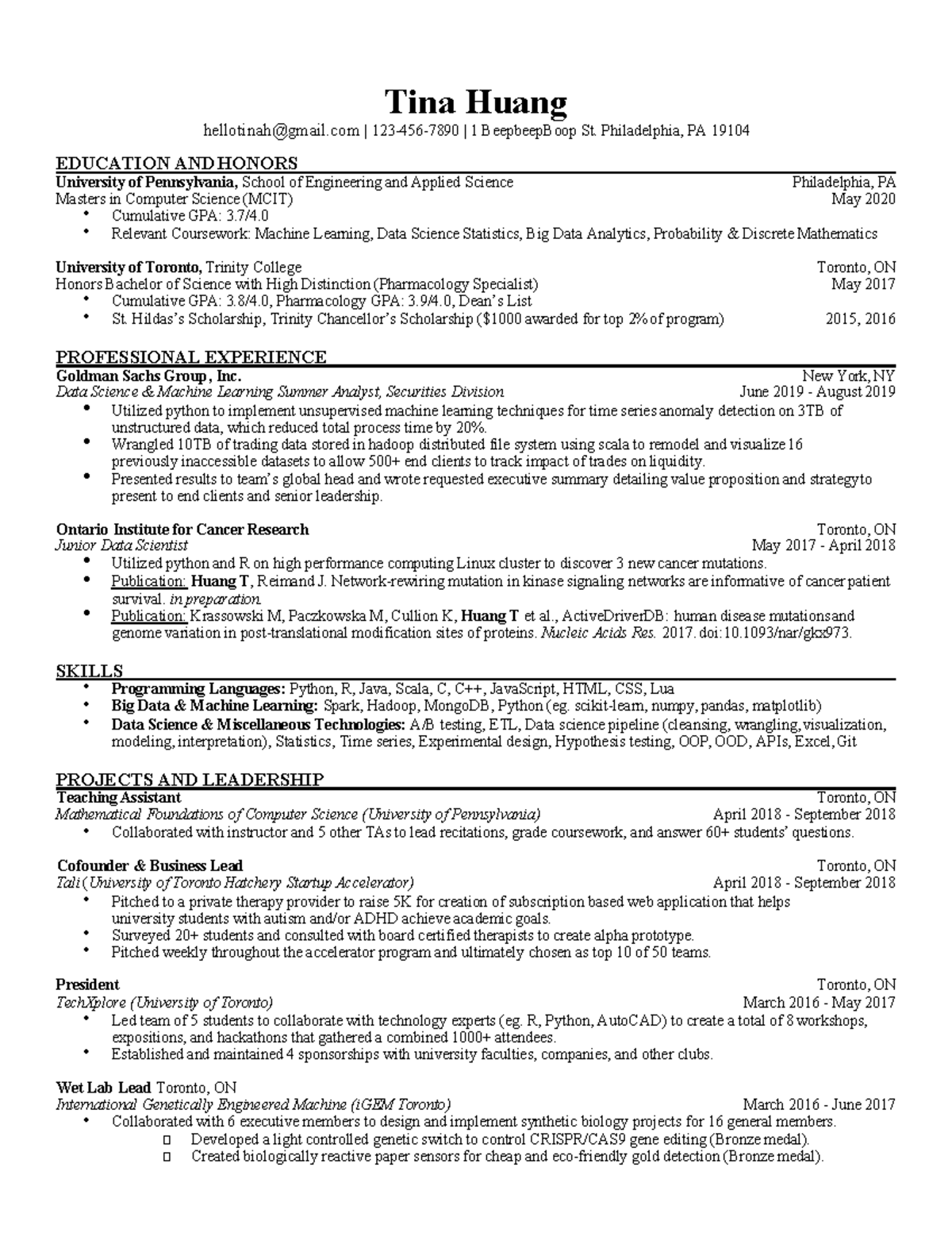 Tina Huang Resume i - okeee - Tina Huang hellotinah@gmail | 123-456 ...