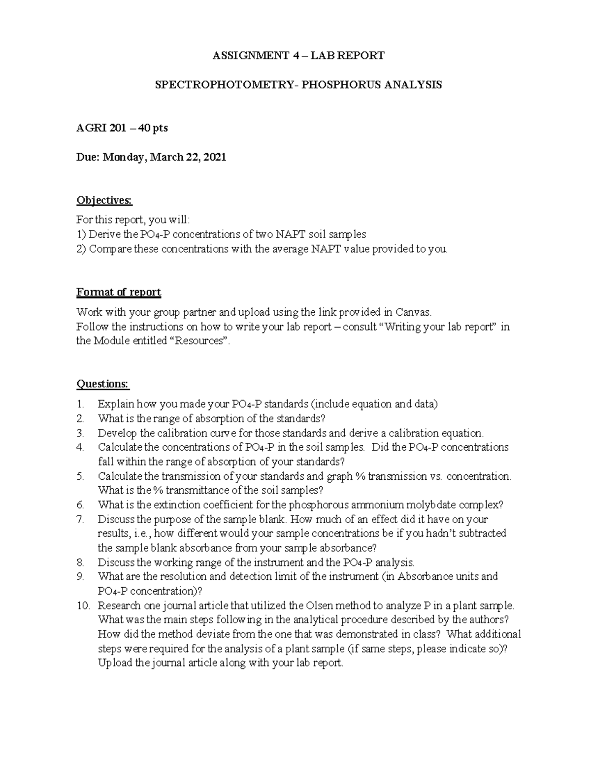 Agri 201 assn 4 SPECTROPHOTOMETRY PHOSPHORUS ANALYSIS lab based assignment ASSIGNMENT 4