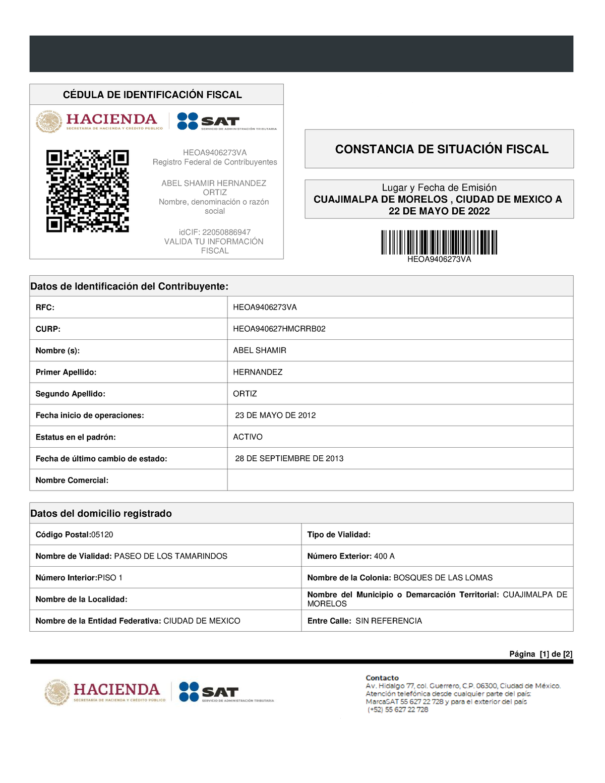 Constancia Situacion Fiscal Sat Página 1 De 2 CÉdula De IdentificaciÓn Fiscal Registro 8188