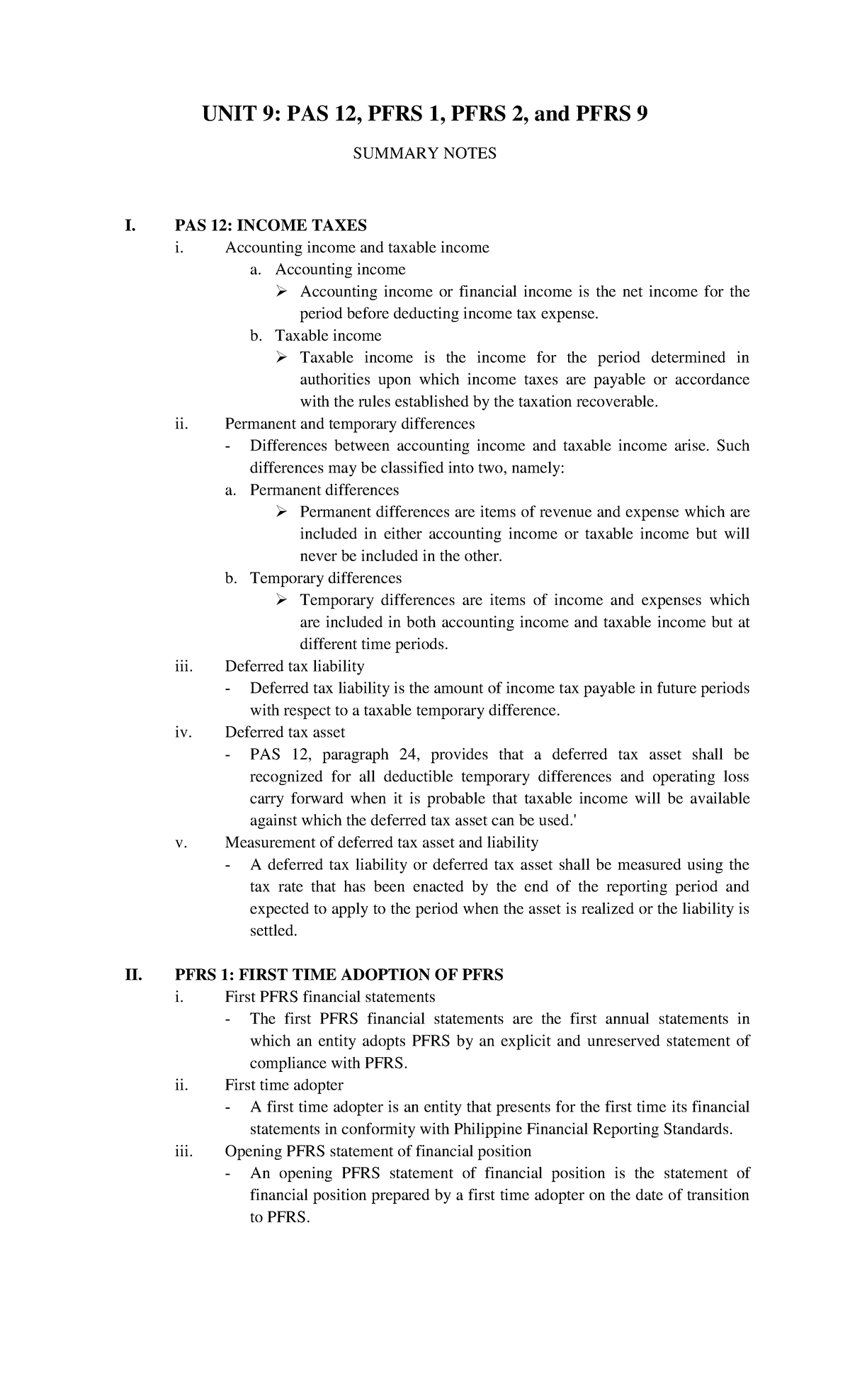 CFAS; UNIT 9 Summary Notes - UNIT 9: PAS 12, PFRS 1, PFRS 2, And PFRS 9 ...