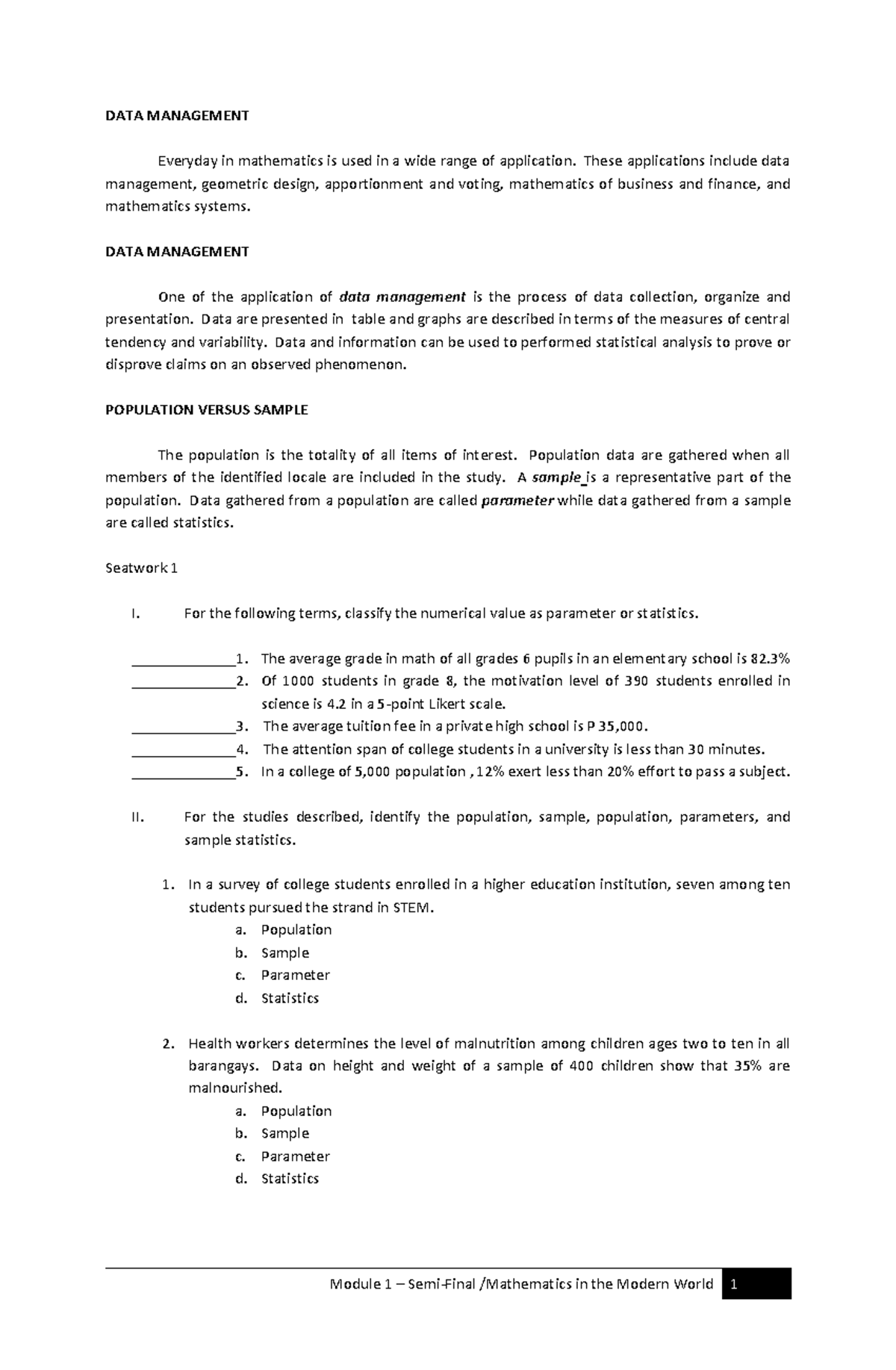 Module 1 - about math - DATA MANAGEMENT Everyday in mathematics is used ...