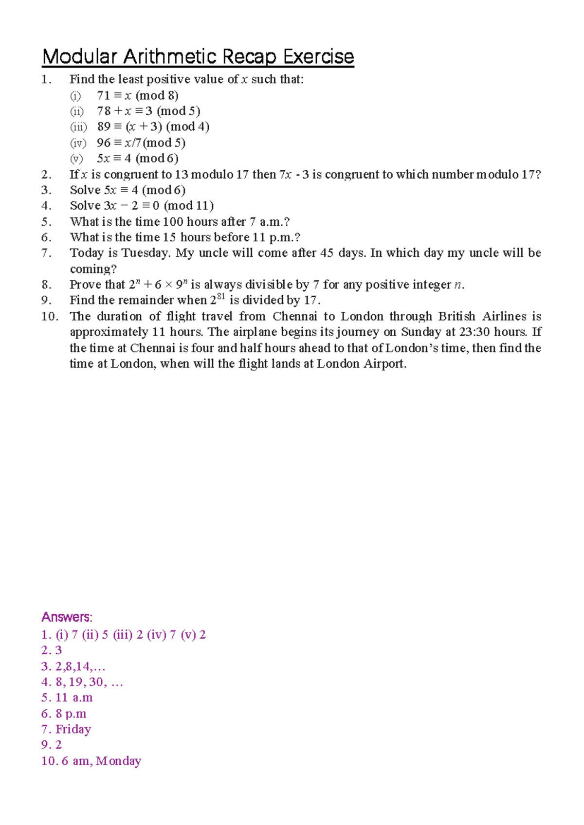Mod Arithmetic Recap Exercise - Modular Arithmetic Recap Exercise Find ...