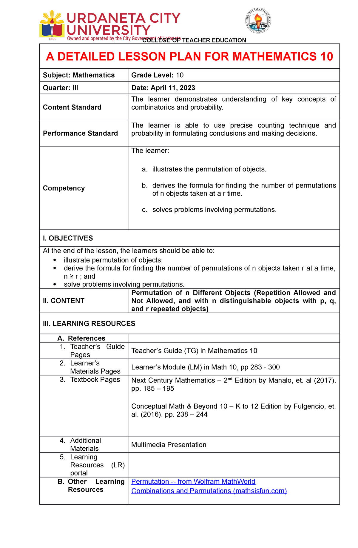 Permu-lp - Lesson plan in permutation - A DETAILED LESSON PLAN FOR ...