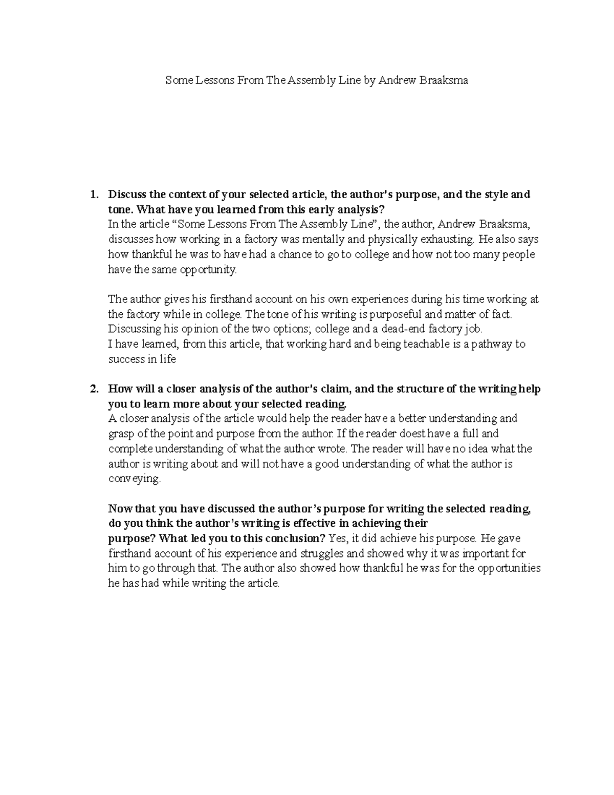 Importants of analysis - Some Lessons From The Assembly Line by Andrew ...