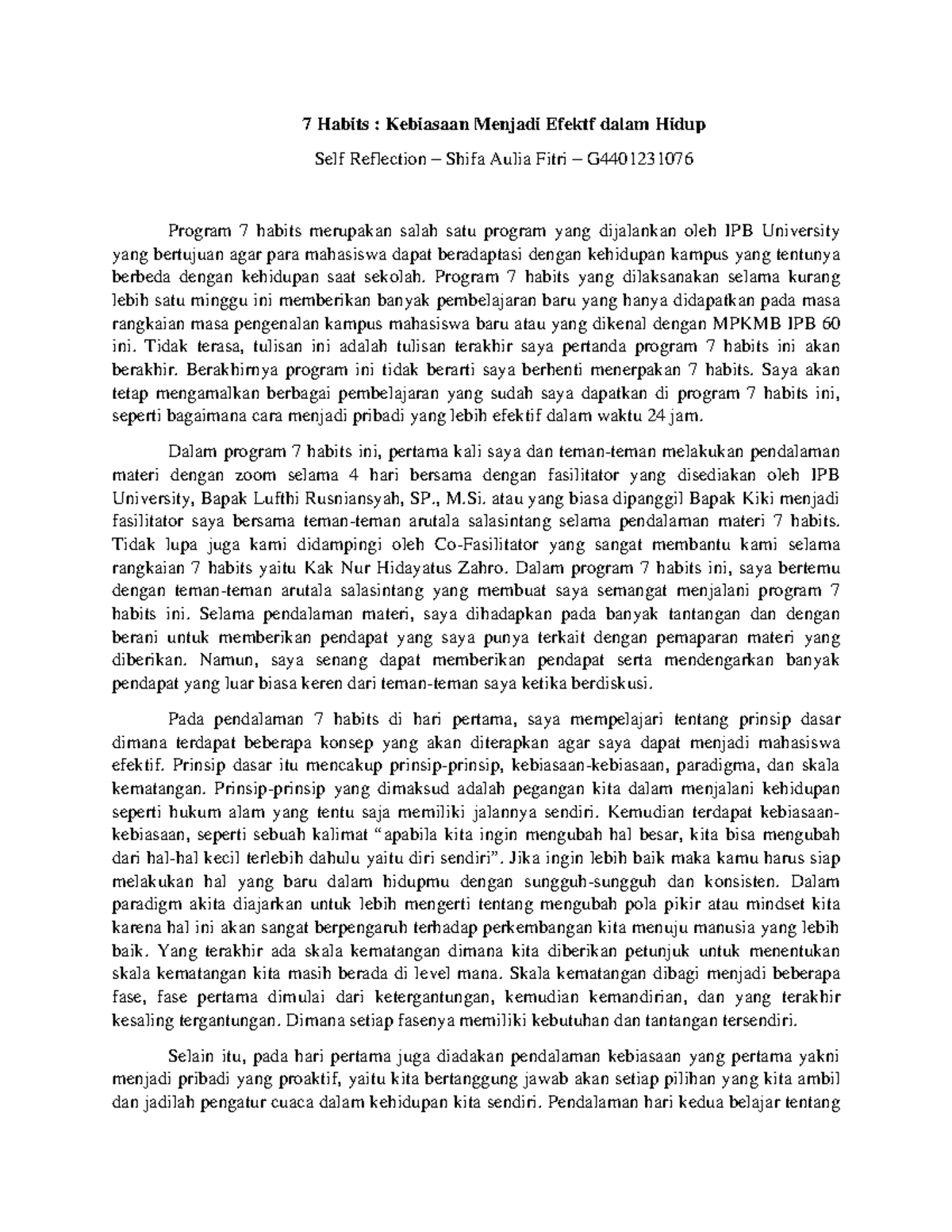 Self Reflection - 7 Habits : Kebiasaan Menjadi Efektf dalam Hidup Self