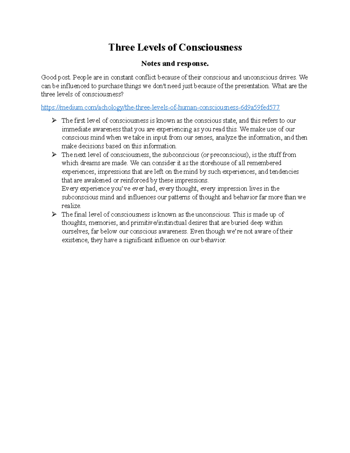 The Three Levels of Consciousness by Sigmund Freud Three Levels of Consciousness Notes and