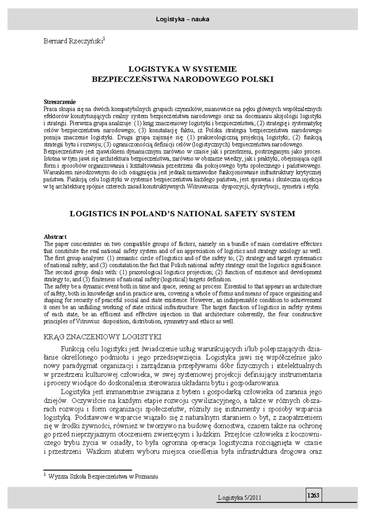 Logistyka w systemie bezpieczeństwa narodowego Polski (2011 ) - Bernard