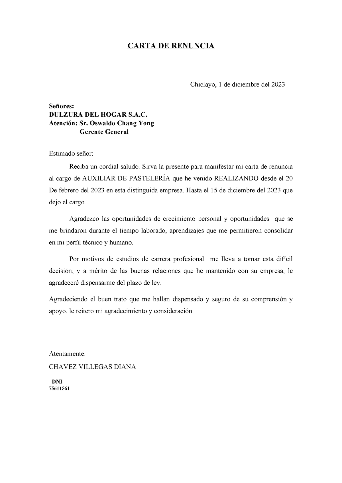 Carta De Renuncia 1 Carta De Renuncia Chiclayo 1 De Diciembre Del