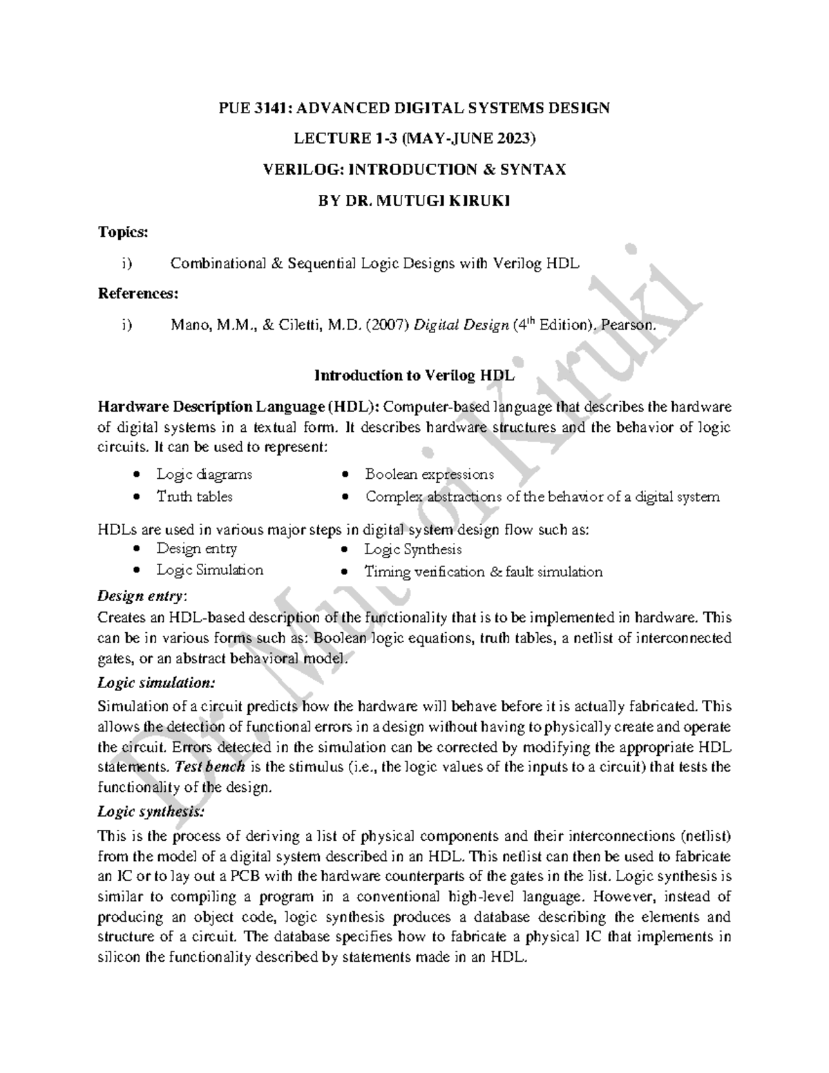 PUE 3141 Lecture 1-3 Verilog Notes - Logic diagrams Truth tables Design ...
