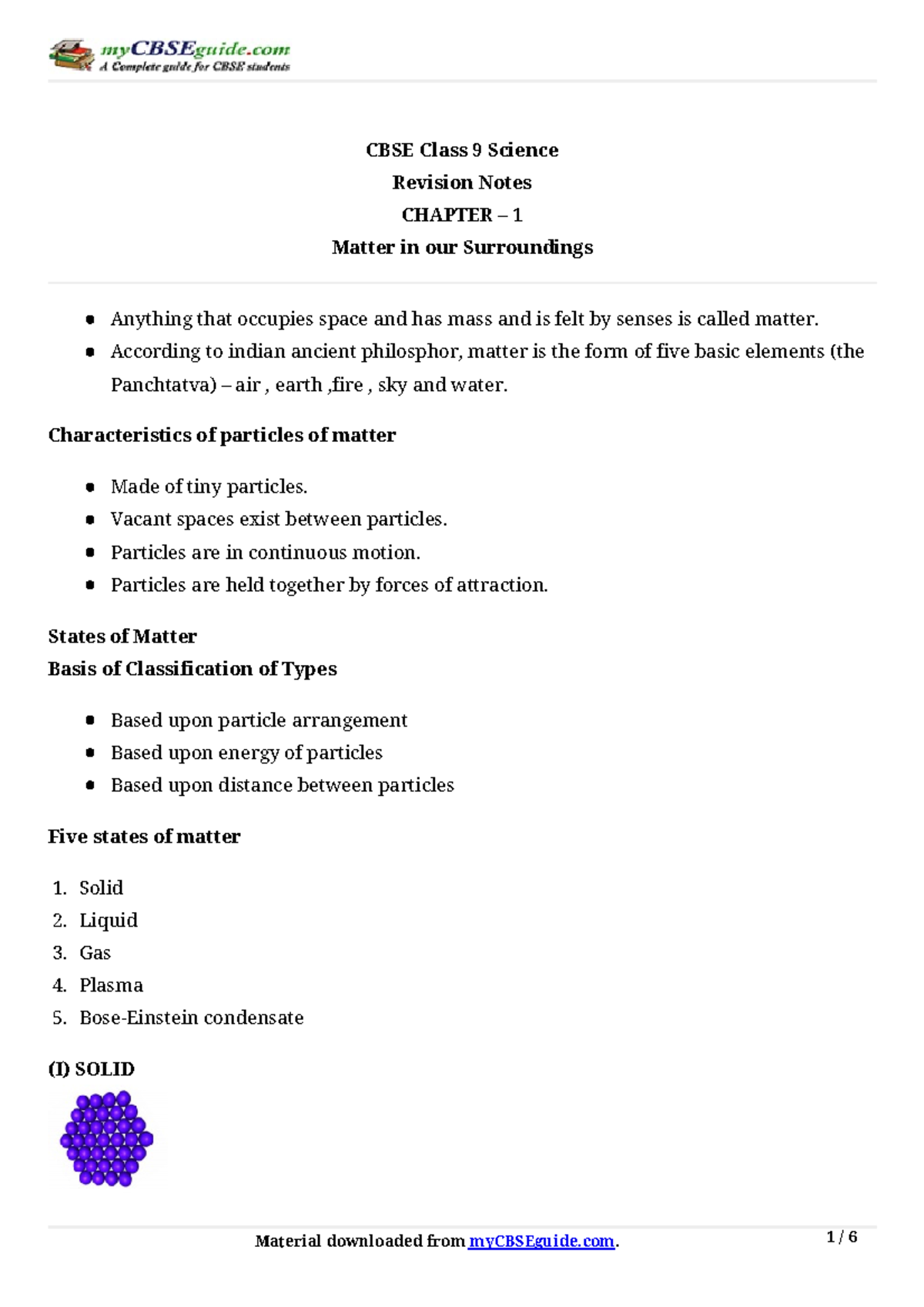 Science unit 9 - CBSE Class 9 Science Revision Notes CHAPTER – 1 Matter ...