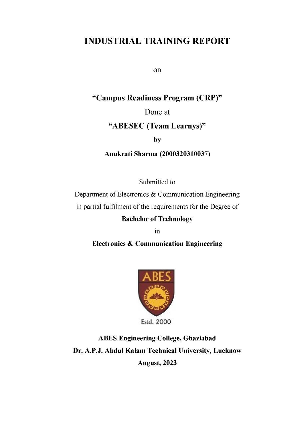 Mini Project Internship Report - INDUSTRIAL TRAINING REPORT On “Campus ...