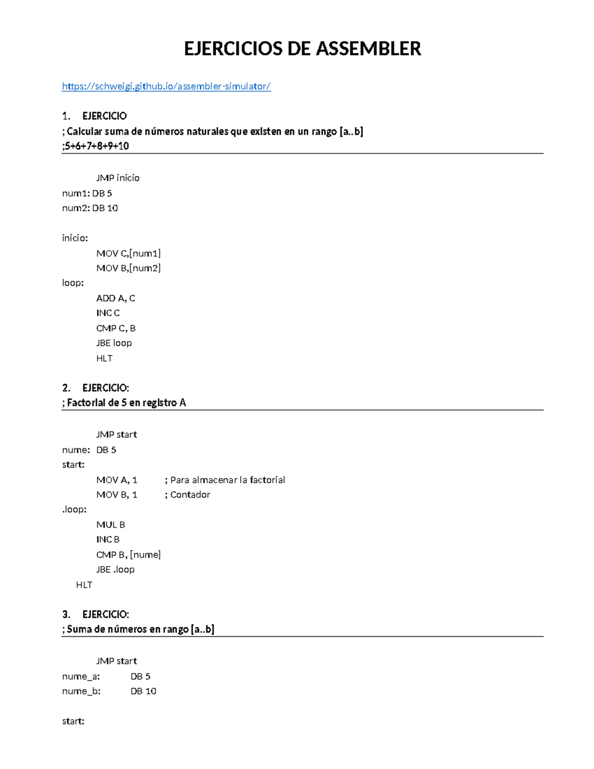 Ejercicios Assembler - wasa - EJERCICIOS DE ASSEMBLER schweigi.github ...