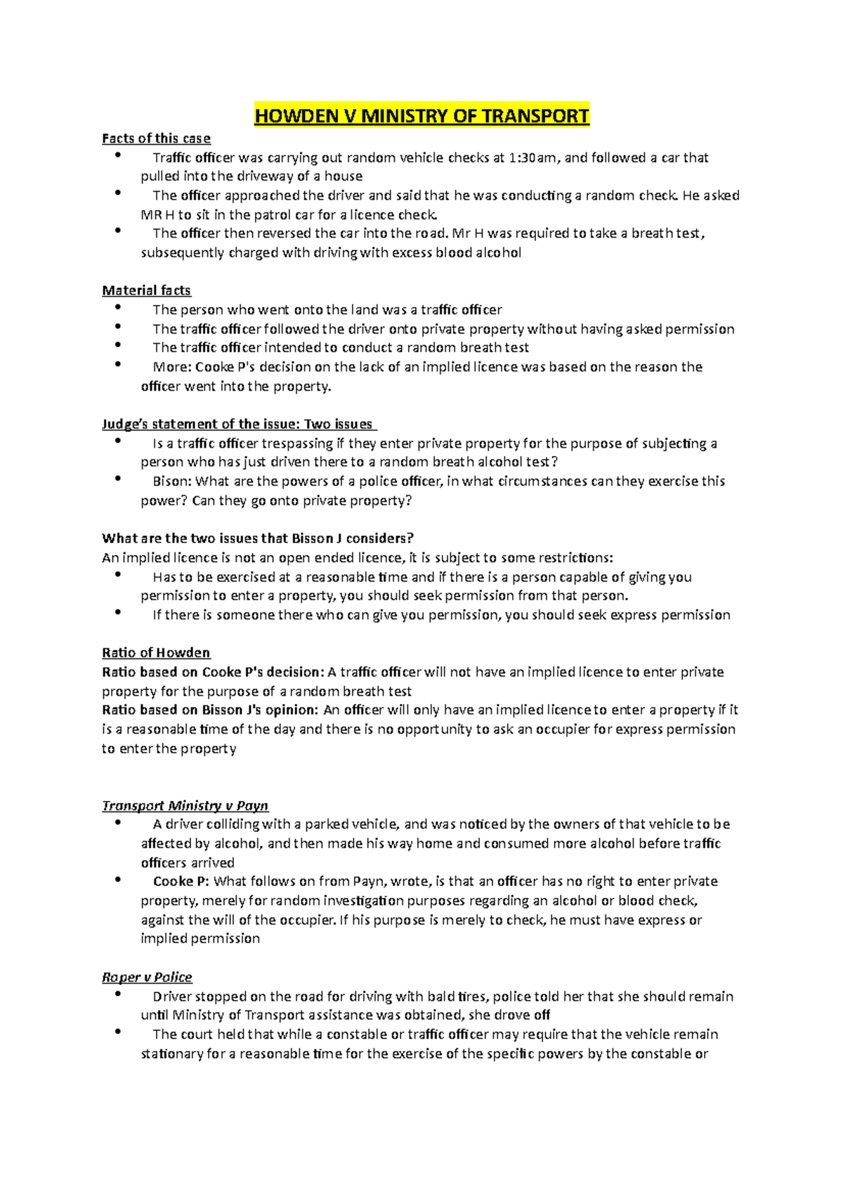 Howden V Ministry Of Transport Case summary HOWDEN V MINISTRY OF