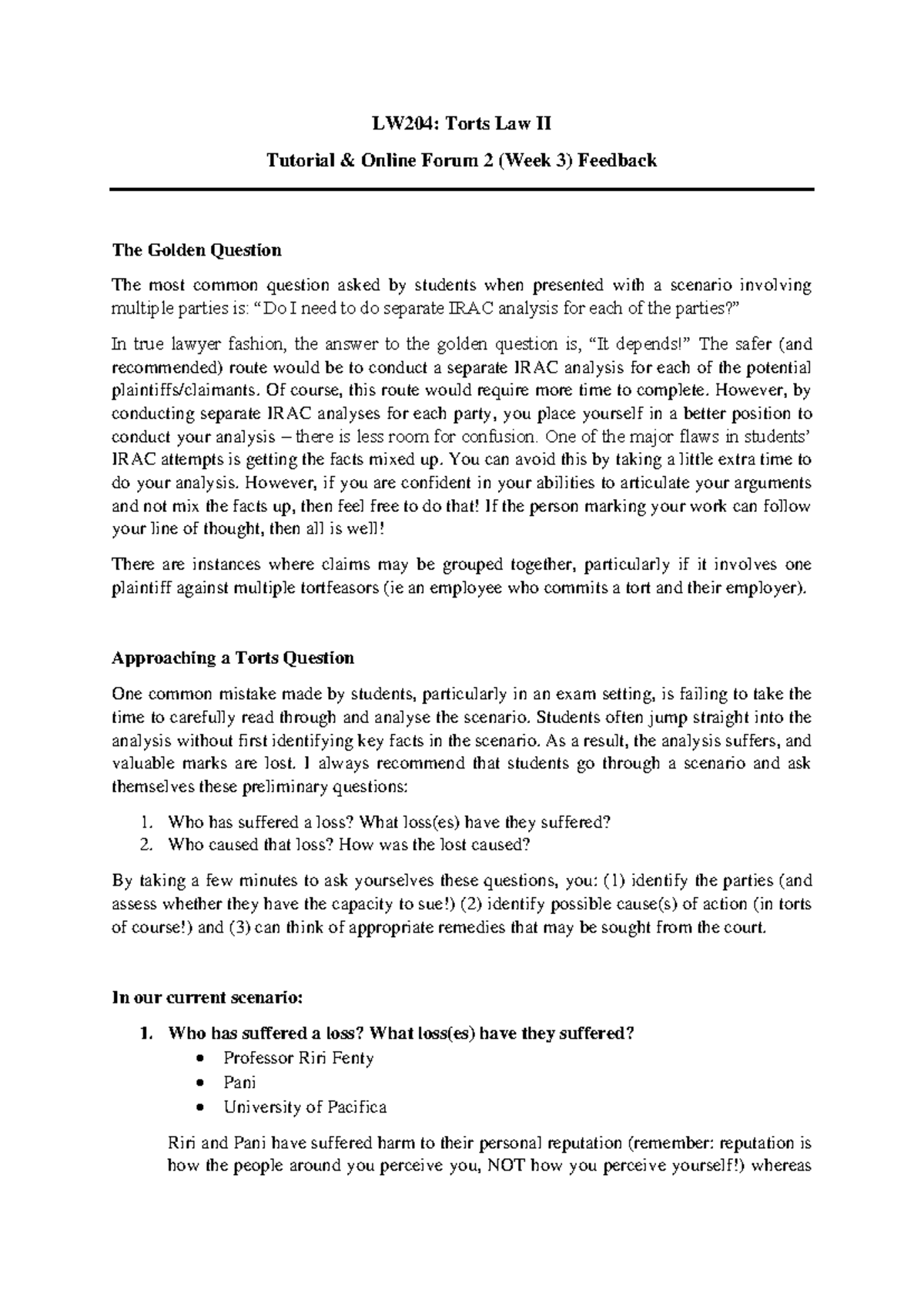 LW204 Tutorial 2 - For educational purposes only. - LW204: Torts Law II ...