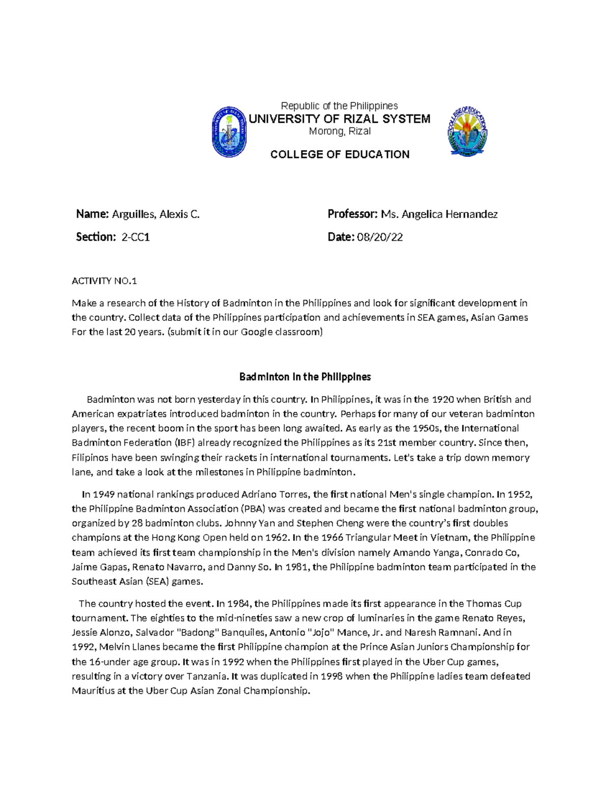 Activity 1, Arguilles,Alexis C - Republic of the Philippines UNIVERSITY ...